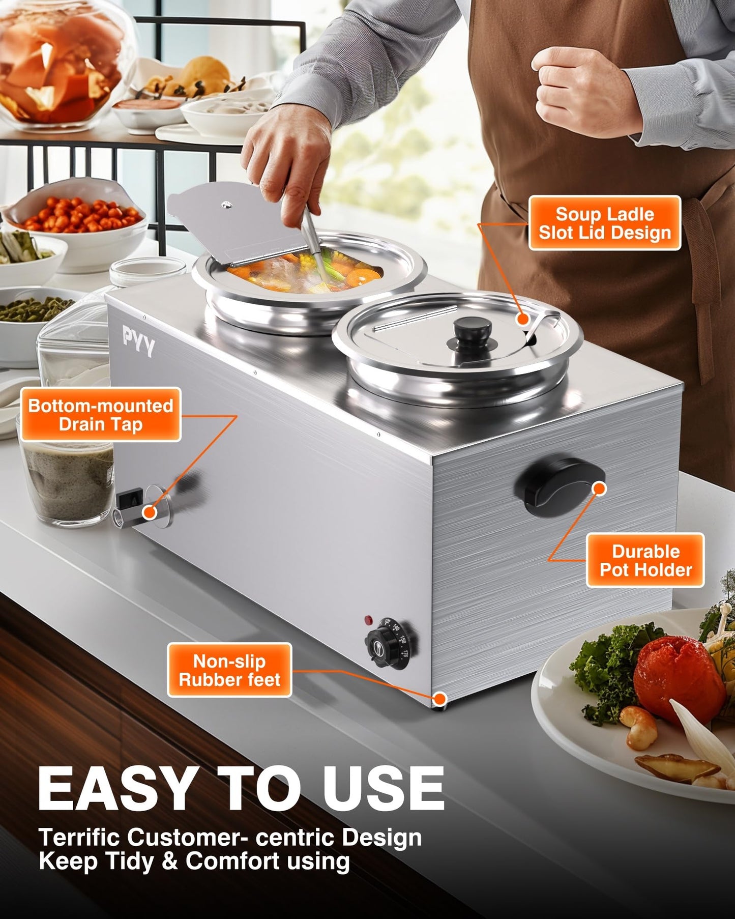 PYY Soup Warmer Commercial - Two 9.2QT Stainless Steel Bain Marie Round Pot 86~185°F Adjustable Temp, 1500W Electric Soup Warmer Countertop with Anti-Dry Burn and Reset Button for Restaurant, Buffet