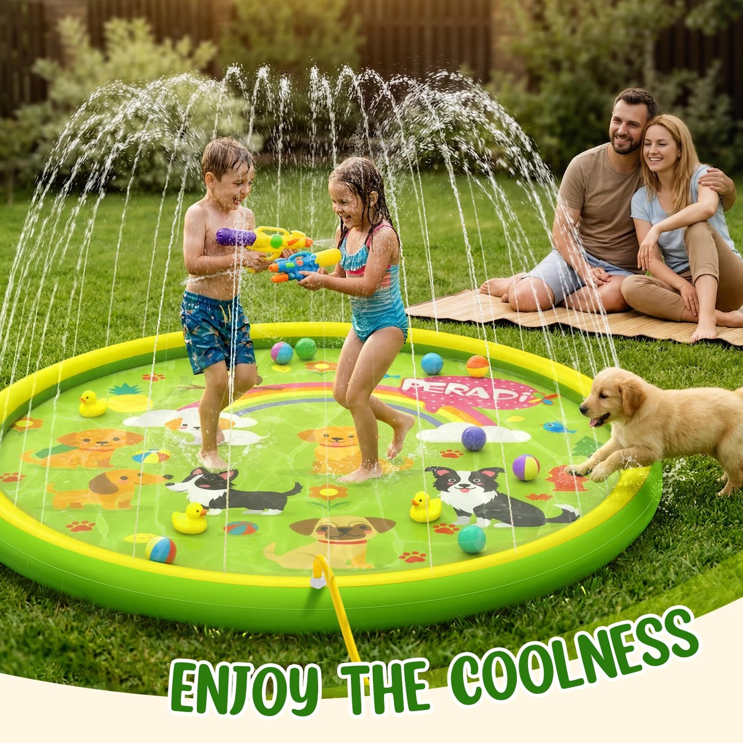 Peradix Splash Pads for Toddlers, 67" Kids Splash Pad with Inflatable Base, Dog Pattern Sprinkler Mat for Kids, Summer Water Toy for Backyard Garden Lawn, Baby Pool Learning Gift for Boys Girls Dogs