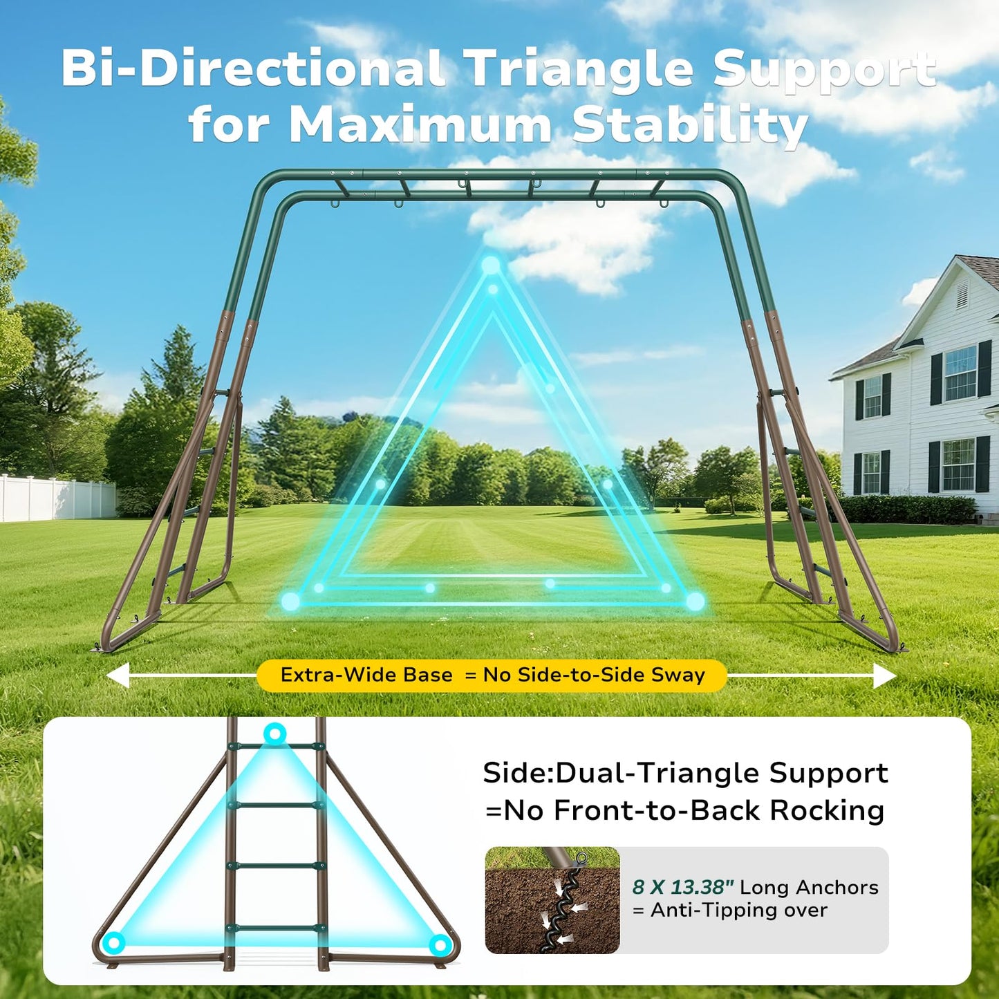 Hapfan Swing Sets for Backyard with Monkey Bars, 2 Belt Swings & Trapeze Bar- Heavy Duty Metal Outdoor Playground Sets for Kids, Backyard Playset (Patent Pending)