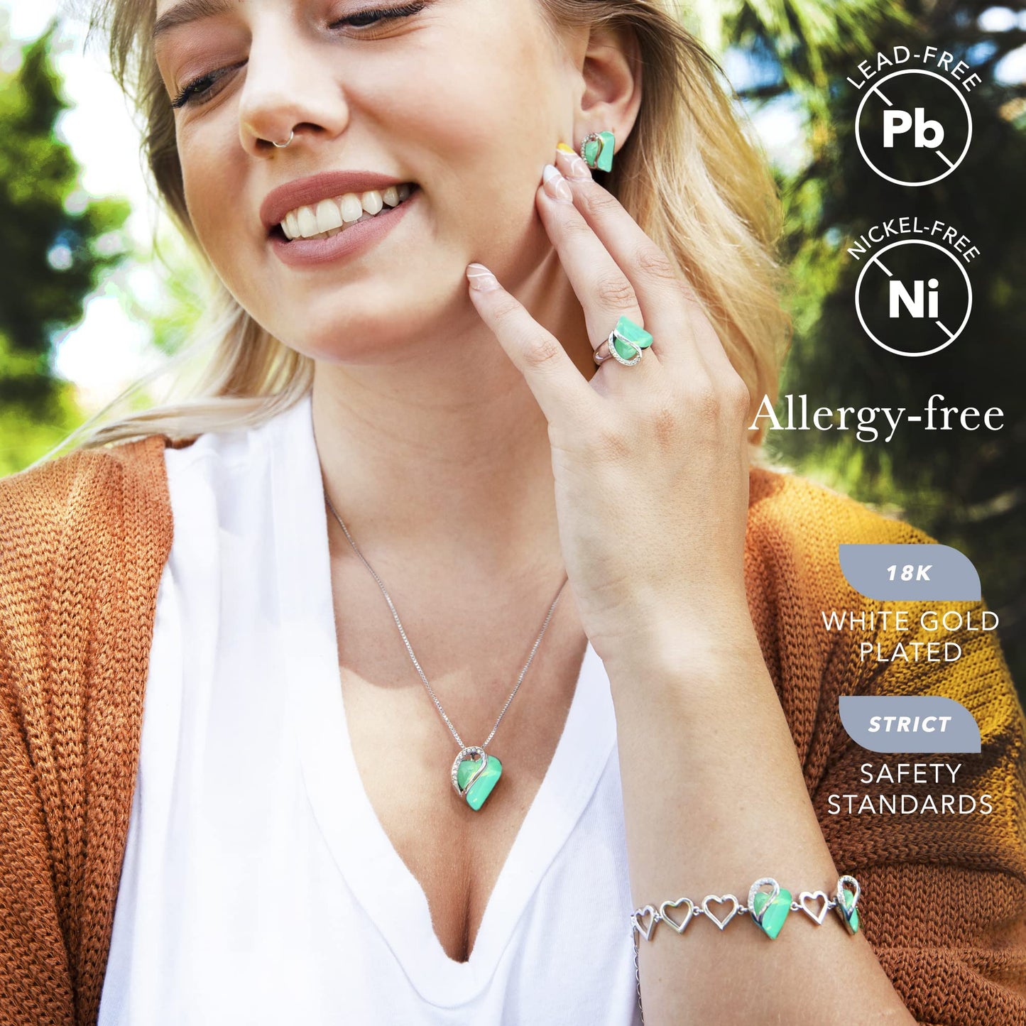 Leafael Infinity Love Heart Necklace, Stud Earrings, Bracelet, and Ring Set, Healing Stone for Luck Crystal Jewelry, Silver Tone Gifts for Women, Opal Green