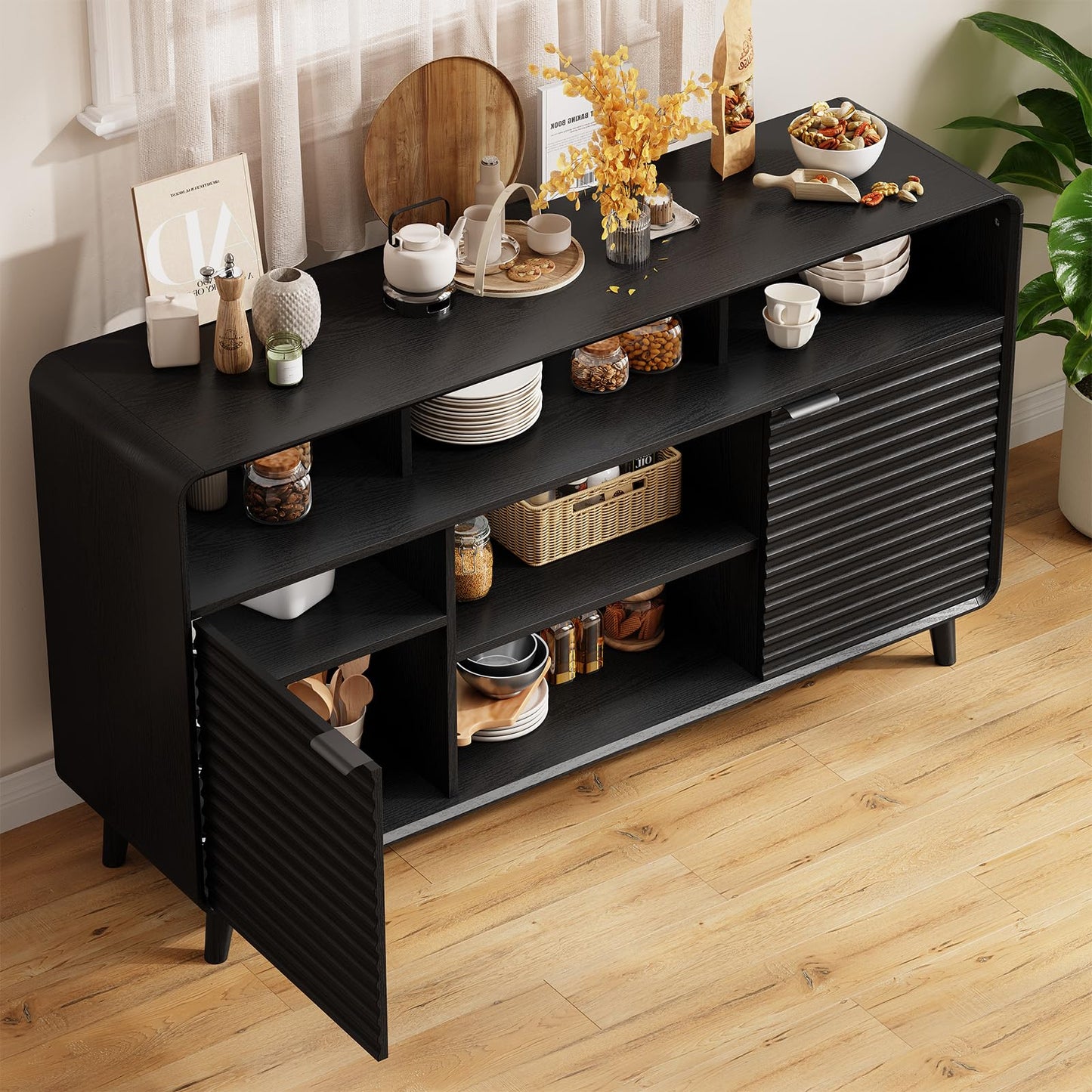 Lefurture 58 Inch Buffet Cabinet with Storage, Curved Buffet Sideboard w/2 Wave Doors, Open Storage Shelf, Adjustable Shelves, Wooden Coffee Bar Cabinet for Kitchen, Living Room, Black