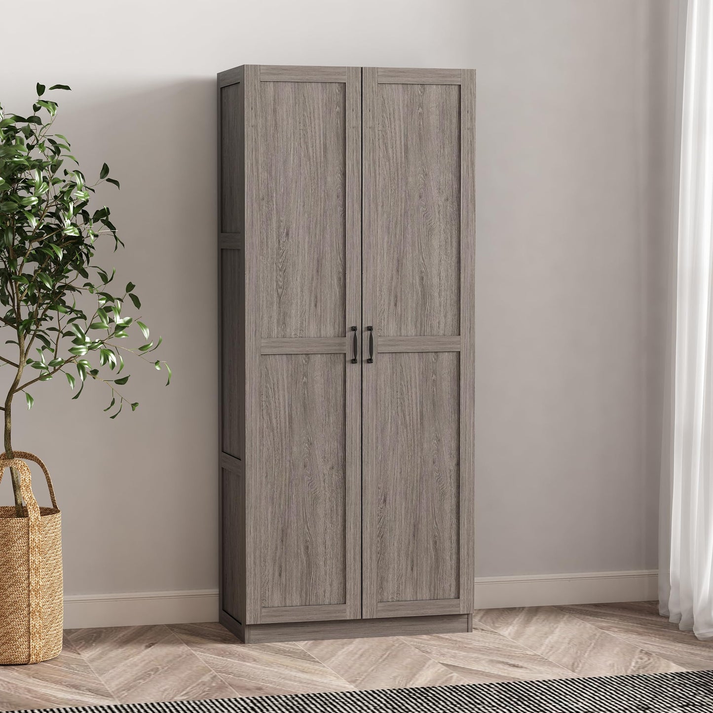 Manhattan Comfort Cornelia Modern Storage Cabinet with Doors and Shelves 2.0 - Tall Freestanding Wardrobe Closet with 4 Adjustable Cubbies for Bedroom or Linen Use, Set of 1, Grey