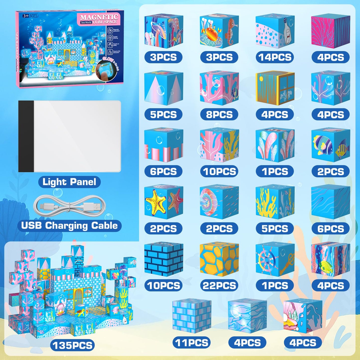 Chodia Magnetic Building Blocks-135 PCS Growing Ocean Magnet Cubes Tiles with USB Light Panel,STEM Sensory Construction Toys Set Christmas Birthday Gifts for Kids Boys Girls Toddlers Ages 3+,4-8,6-8