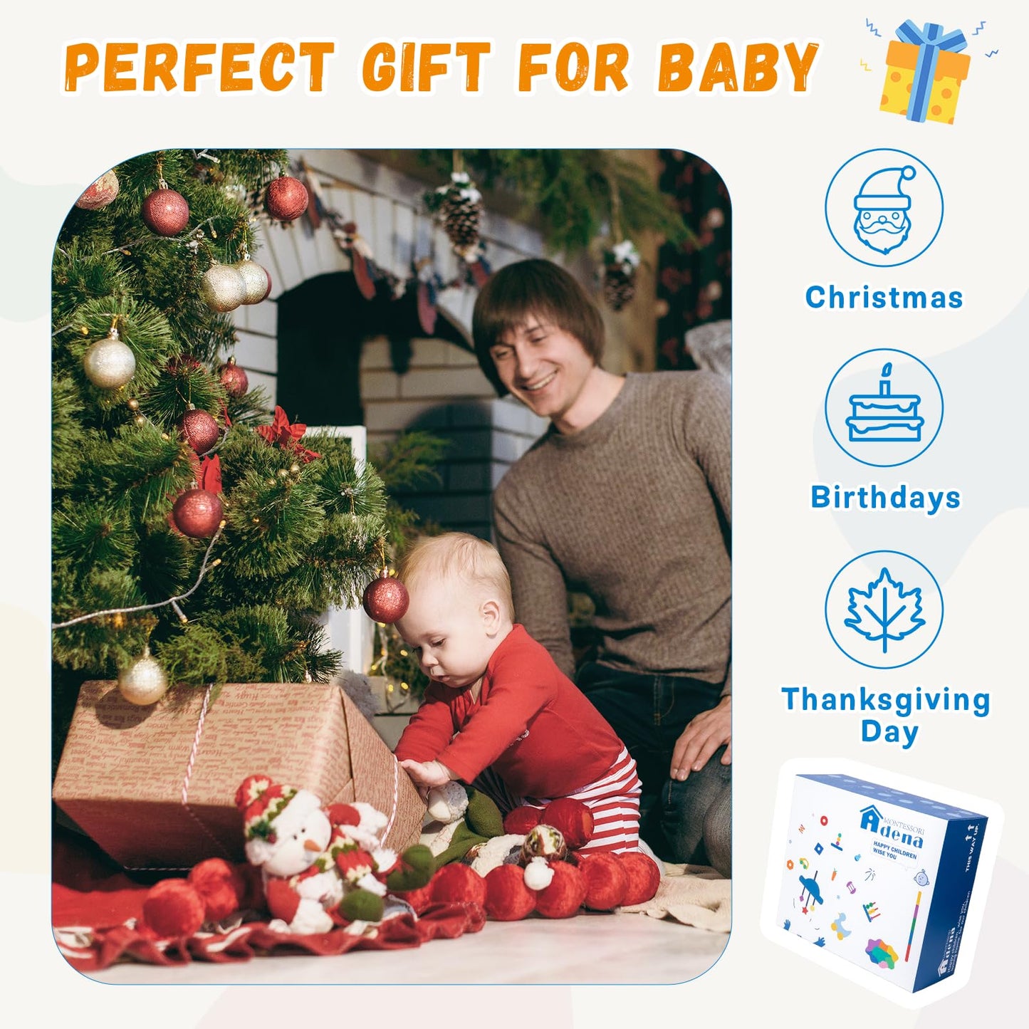 Adena Montessori Play Kit for 5-6 Months Baby,8 in 1 Learning Educational Toys for Toddler,Include Rainbow Spining Drum,Mirror Puzzle,Baby Tissue Box and More,Christmas Birthday Gift for Boys Girl
