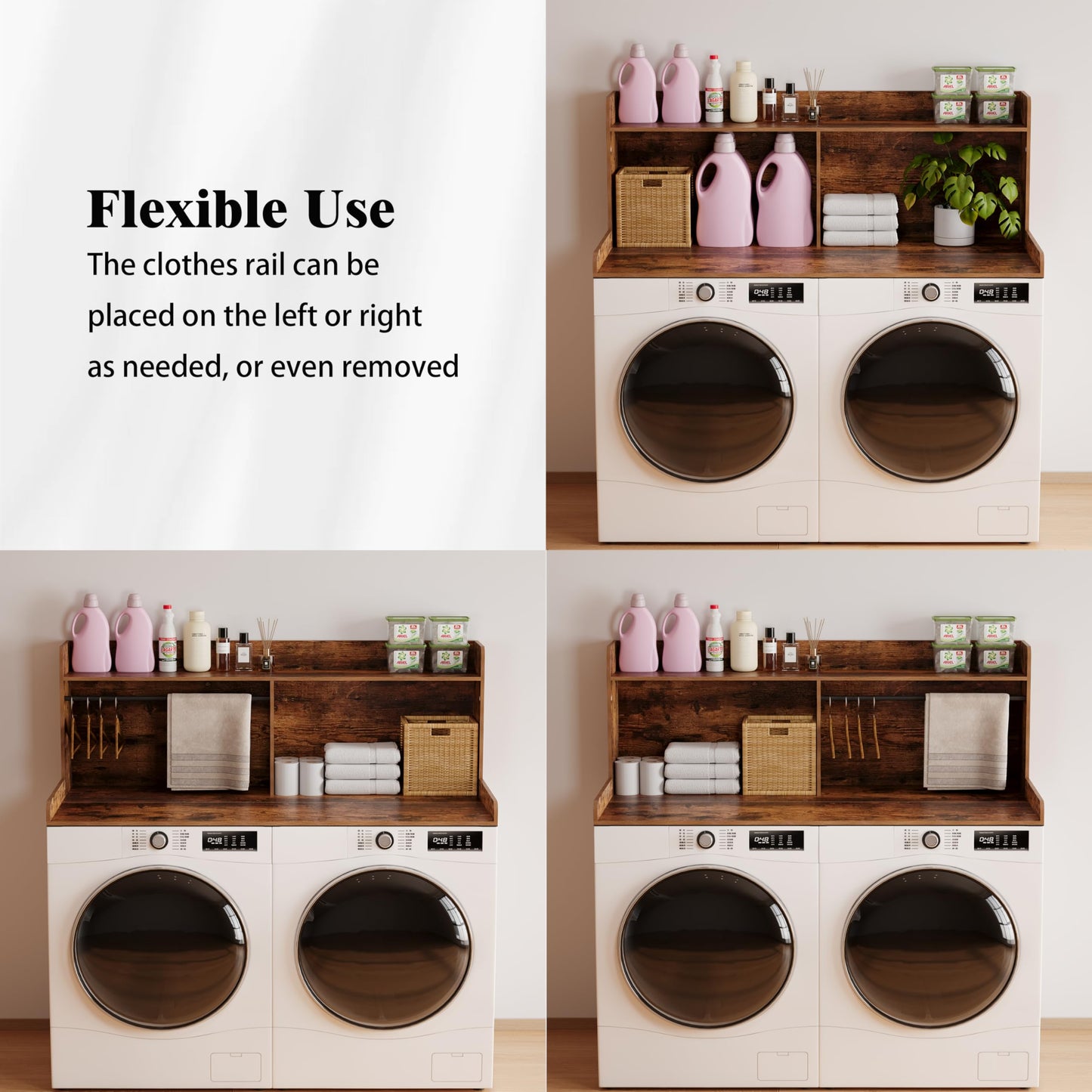 Unionly 2-Tier Washer Dryer Countertop with Clothes Rail，Laundry Topper with Edge and Non-Slip Pad for Washer and Dryer Laundry Hamper Counter Storage Organization (Rustic Brown, Full)