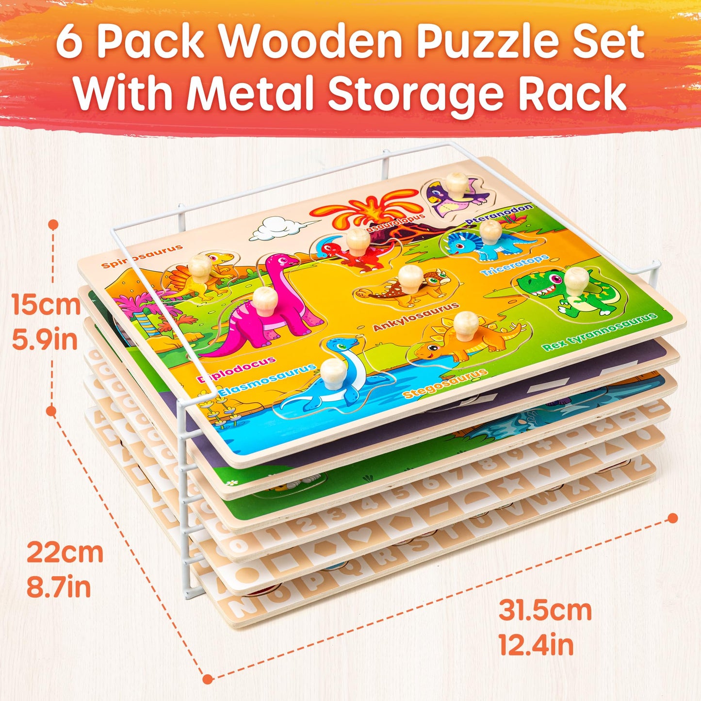 SYNARRY Wooden Puzzles for Toddlers 1-3, 6XSET Puzzles for Toddlers 2-4 with Rack, Learning Alphabet Number Animal Dinosaur Vehicle for Kids, Education Toys for 2 3 Years Boys Girls