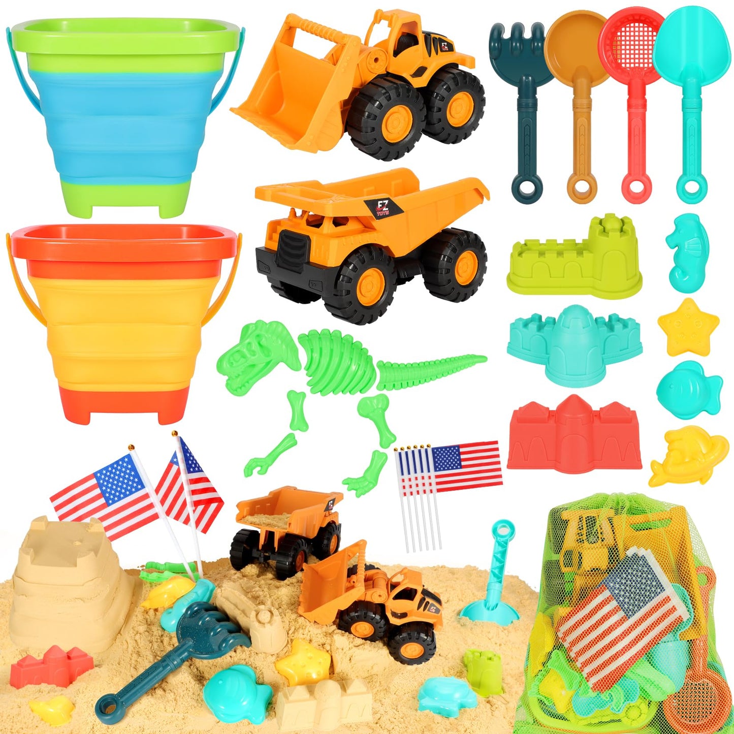 HUITEM Beach Sand Toys for Kids, 29PCS Sandbox Toys with 2 Collapsible Bucket Sand, 2 Dump Truck, Dinosaur Molds, Castle Building Kit, Shovel Sieve,Flags,Mesh Bag Travel Beach Toys for Toddler 3-10