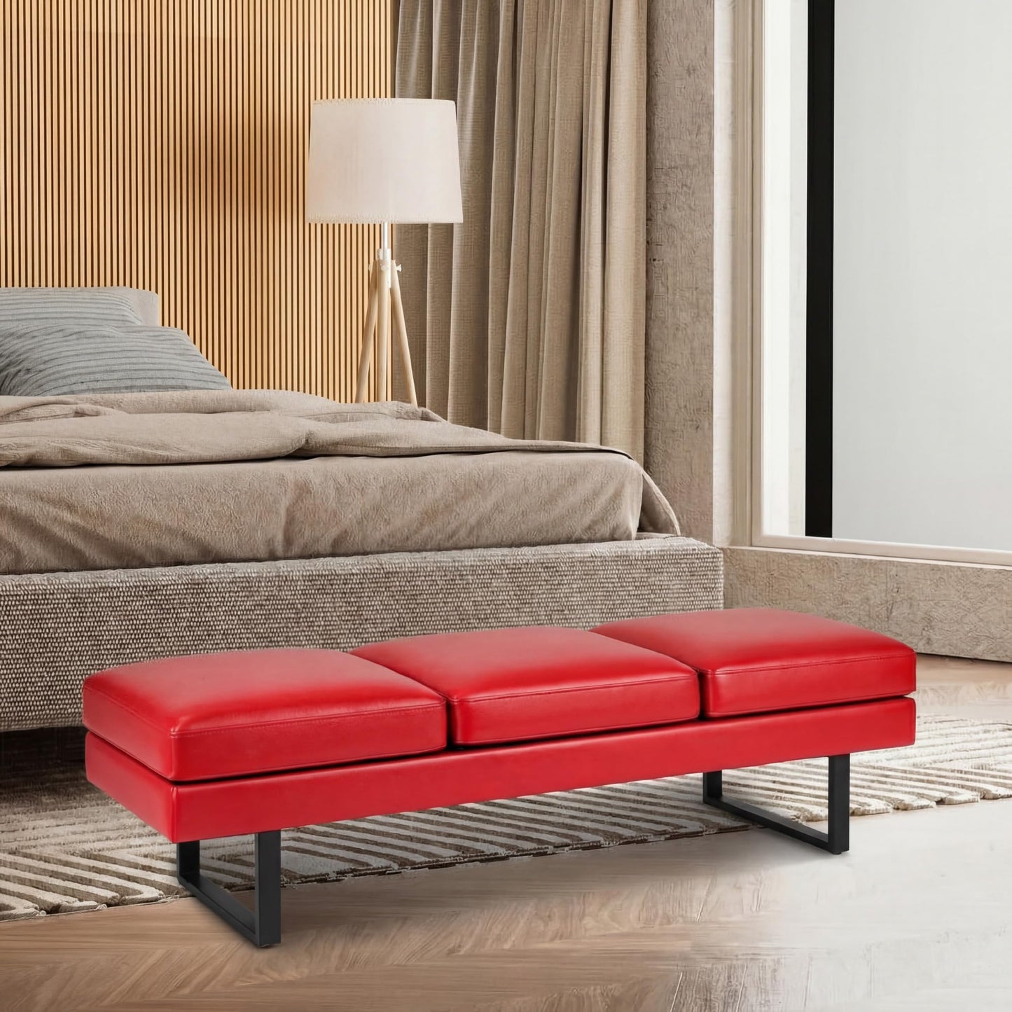 Shahoo 3 Seats Faux Leather Reception Bench, 60 Inches Office Guest Chair with Heavy-Duty Metal Legs, Upholstered Waiting Room Chairs for Office,Conference & Living Room, Red