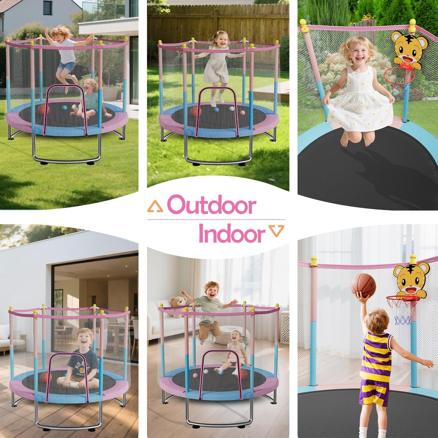 55" Kids Trampoline with Safety Net – 440lbs Capacity, Upgraded Rust-Proof Ring Legs, Adjustable Gymnastics Bar & Toys – Indoor Outdoor Toddler Trampoline for Boys & Girls Ages 1-8 (Pink)