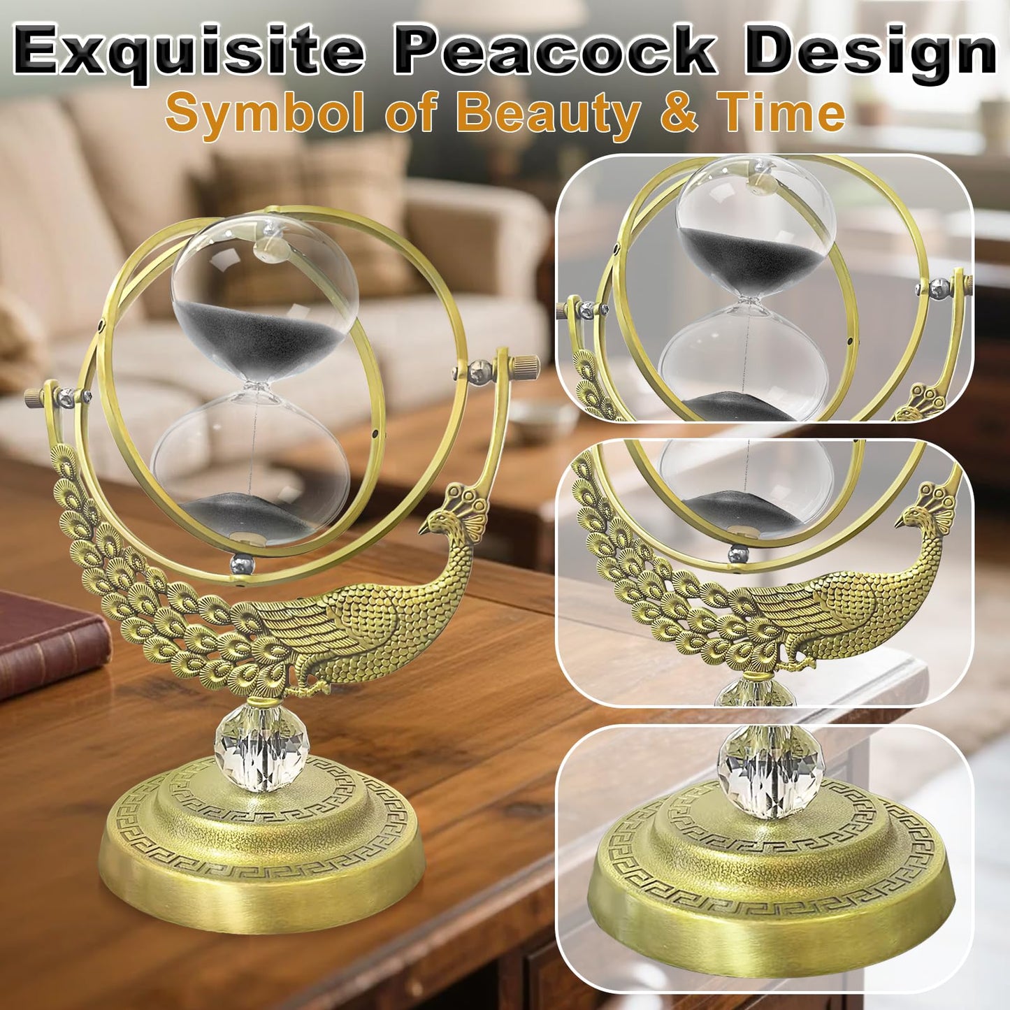 Hourglass 60 Minute Sand Timer, 720° Rotating Brass Peacock & Crystal Ball Sand Clock,Antiguo Reloj De Arena 1 Hora, Large Metal One Hour Glass Sandglass for Gifts Office Desk Decor