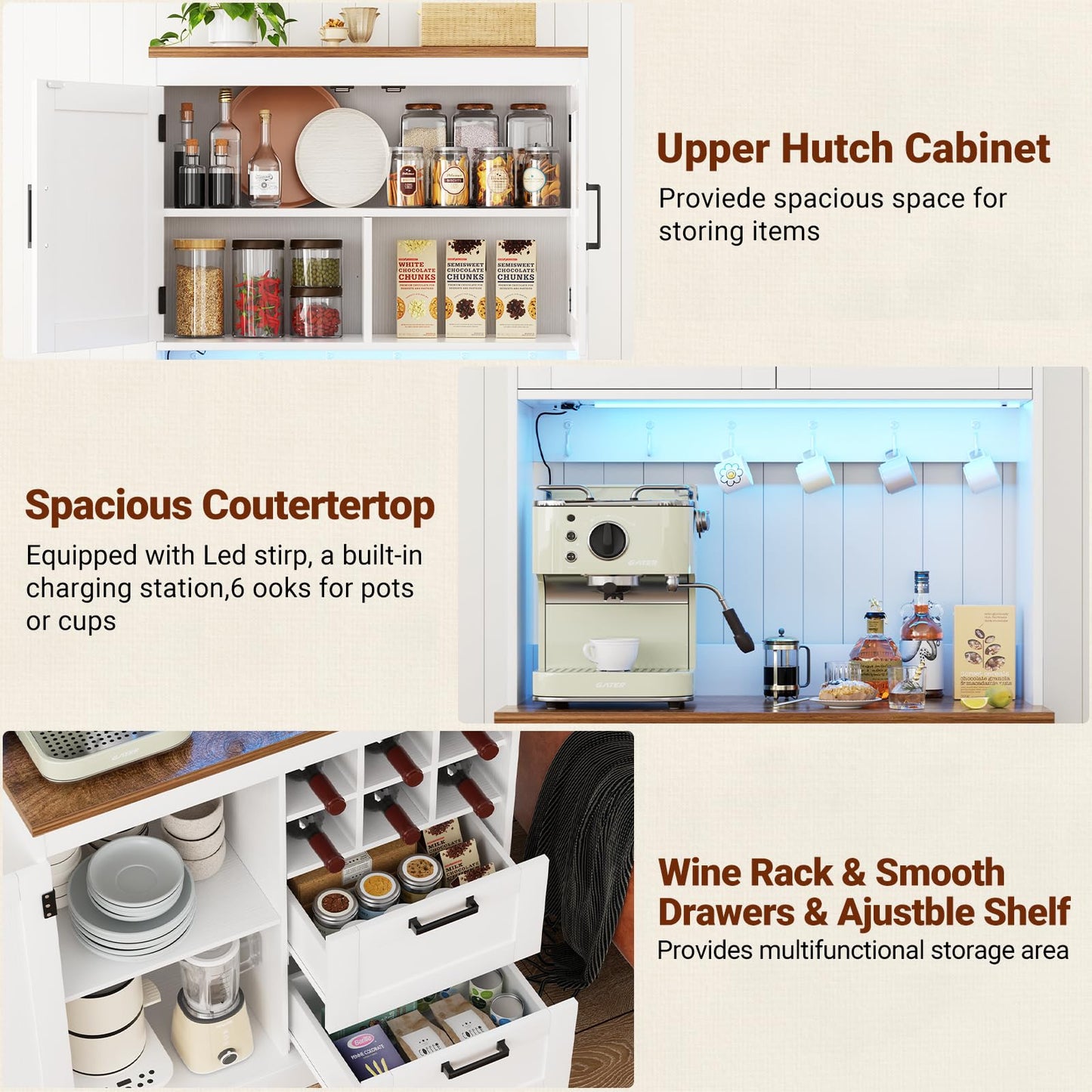 Unikito 72" Tall Pantry Cabinet, Kitchen Pantry Storage Cabinet with LED Light & Outlet, 63" Wide Kitchen Hutch Bar with Microwave Stand, Drawers, Wine Rack & Shelves, Cupboard for Dining Room, White