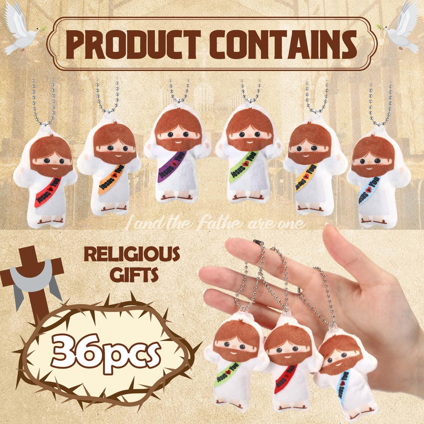 VioraWhite 36 Pcs Christian Gifts Jesus Love You Mini Jesus Plush Keychains for Church Little Figures with Our Father Prayer Toys Miniature Figurines Sunday Religious Favor