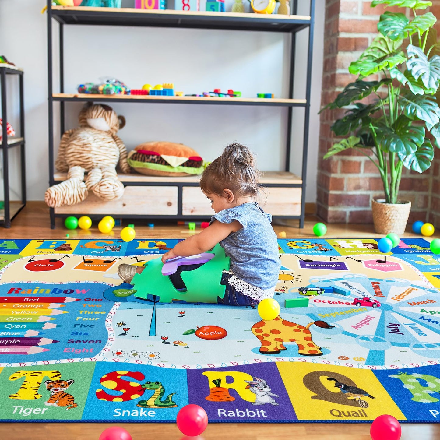 B BENRON 4x6 Playroom Rugs for Kids Washable, Educational and Fun Playmat with ABC Alphabet Animals Shapes Colors, Non-Slip Play Mat Learning Rugs for Baby Toddler Children Game Activity, Blue