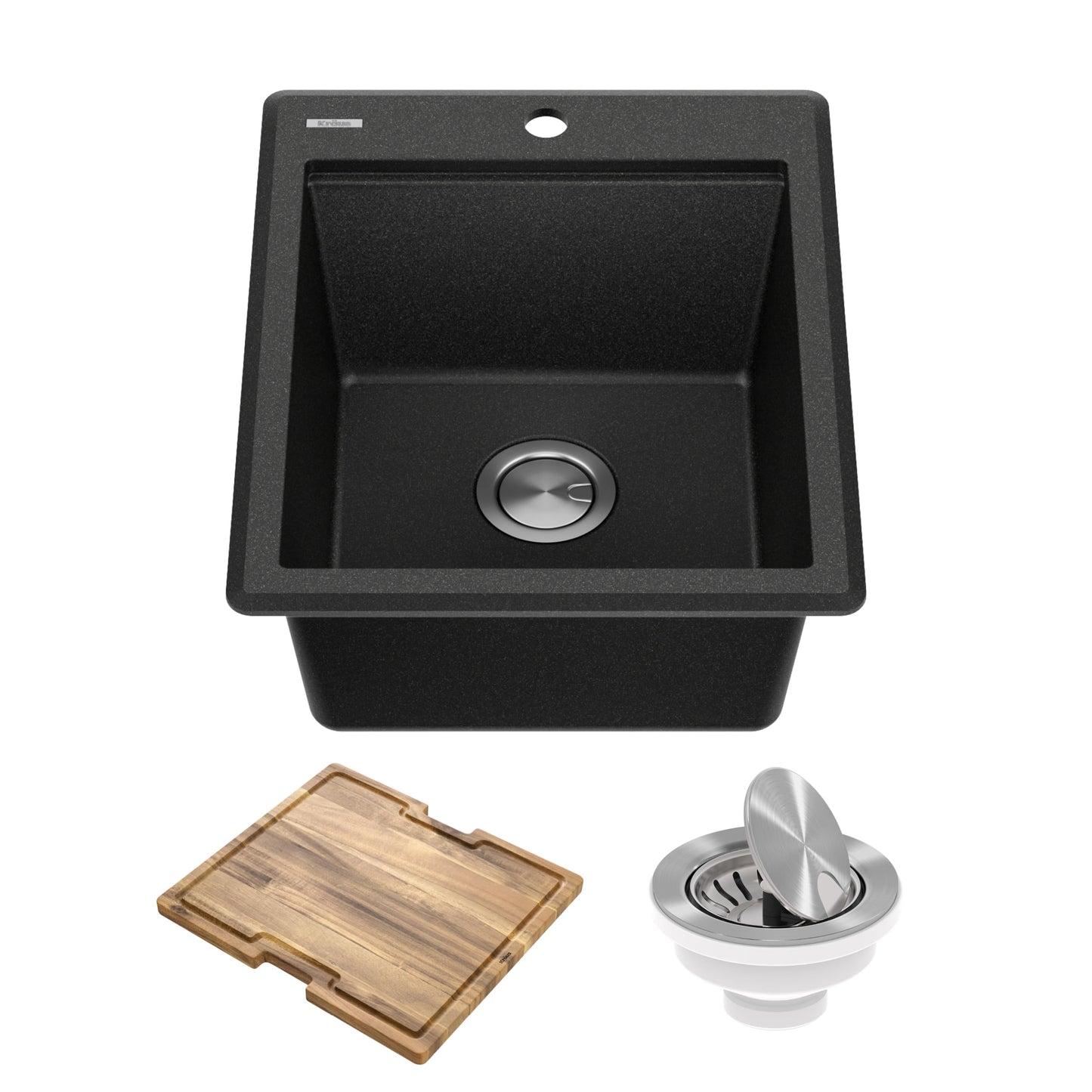 KRAUS Bellucci 18-inch Granite Workstation Drop In Top Mount Single Bowl Kitchen Sink in Metallic Black with Accessories, KGTW12-18MBL