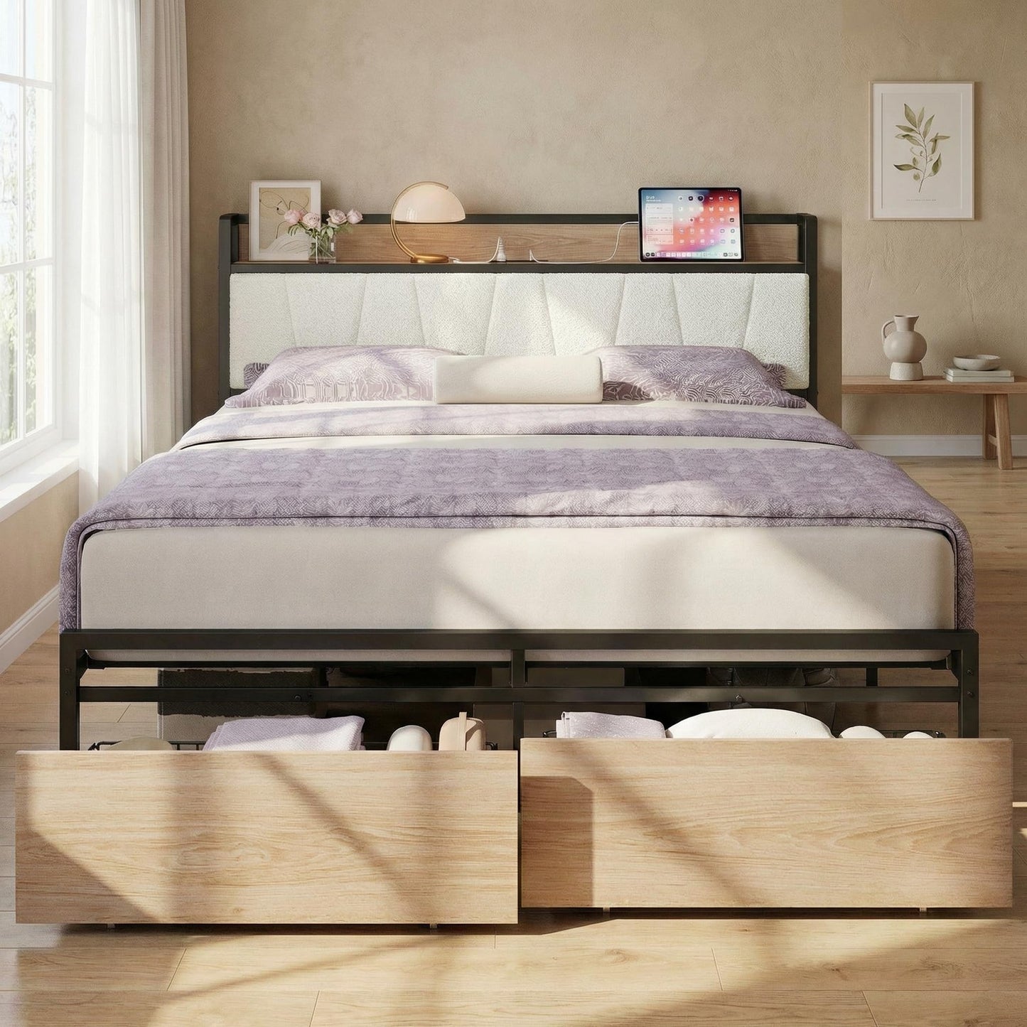 LIKIMIO Queen Size Bed Frame, Storage Headboard with Charging Station, Platform Bed with Drawers, No Box Spring Needed, Easy Assembly, Wood and Cream