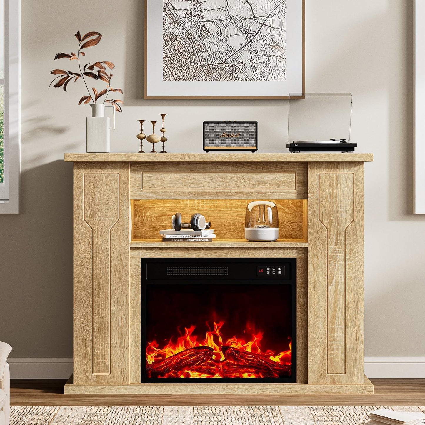 Ofika 43” Electric Fireplace with Mantel, Solid Wood Modern TV Stand with Fireplace Freestanding Entertainment Center with Storage Compartment, 23" Fireplace Insert Heater for Living Room，Wood