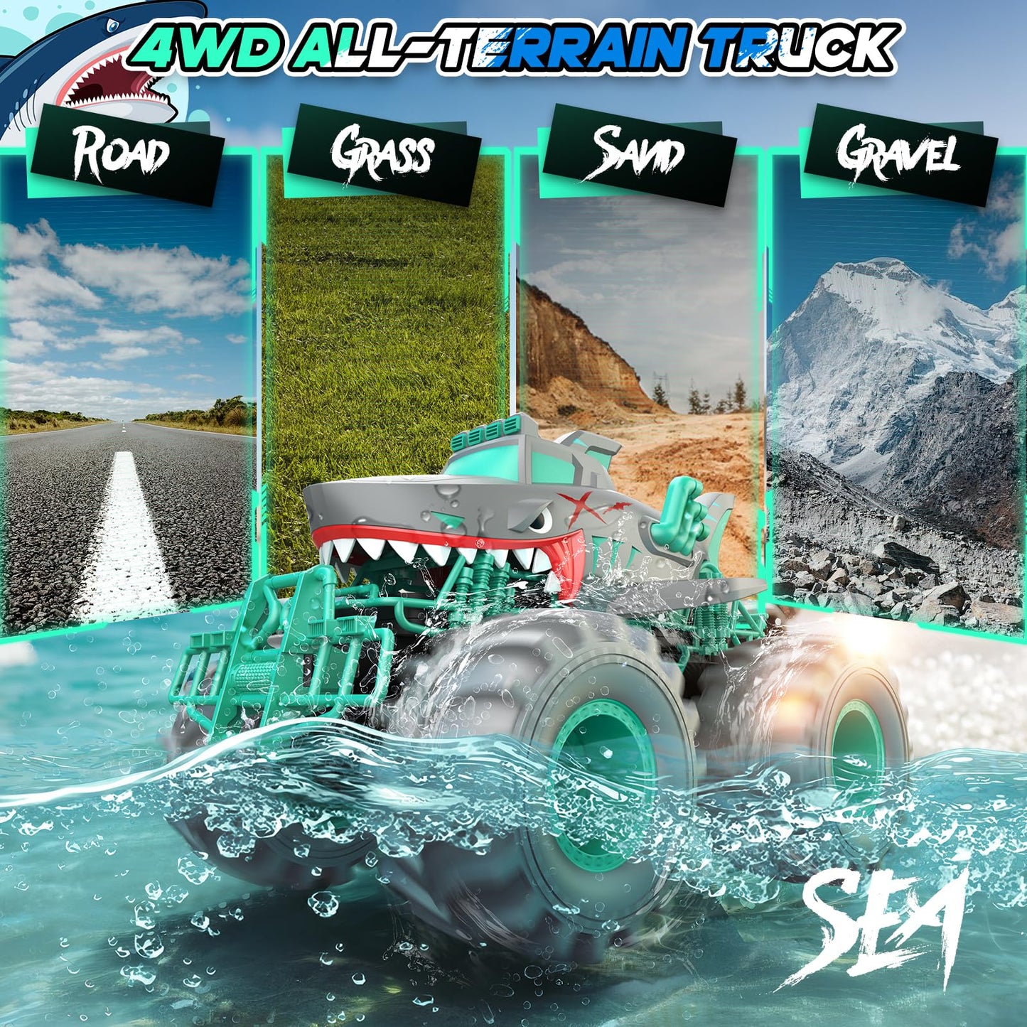 Salazaza Waterproof Shark Remote Control Car, 1:16 Amphibious RC Cars 4WD All Terrain Off Road Monster Trucks Toys, RC Truck Toys for Kids 3-5 6-8 8-12 Year Old Boy Birthday Gift, Gray