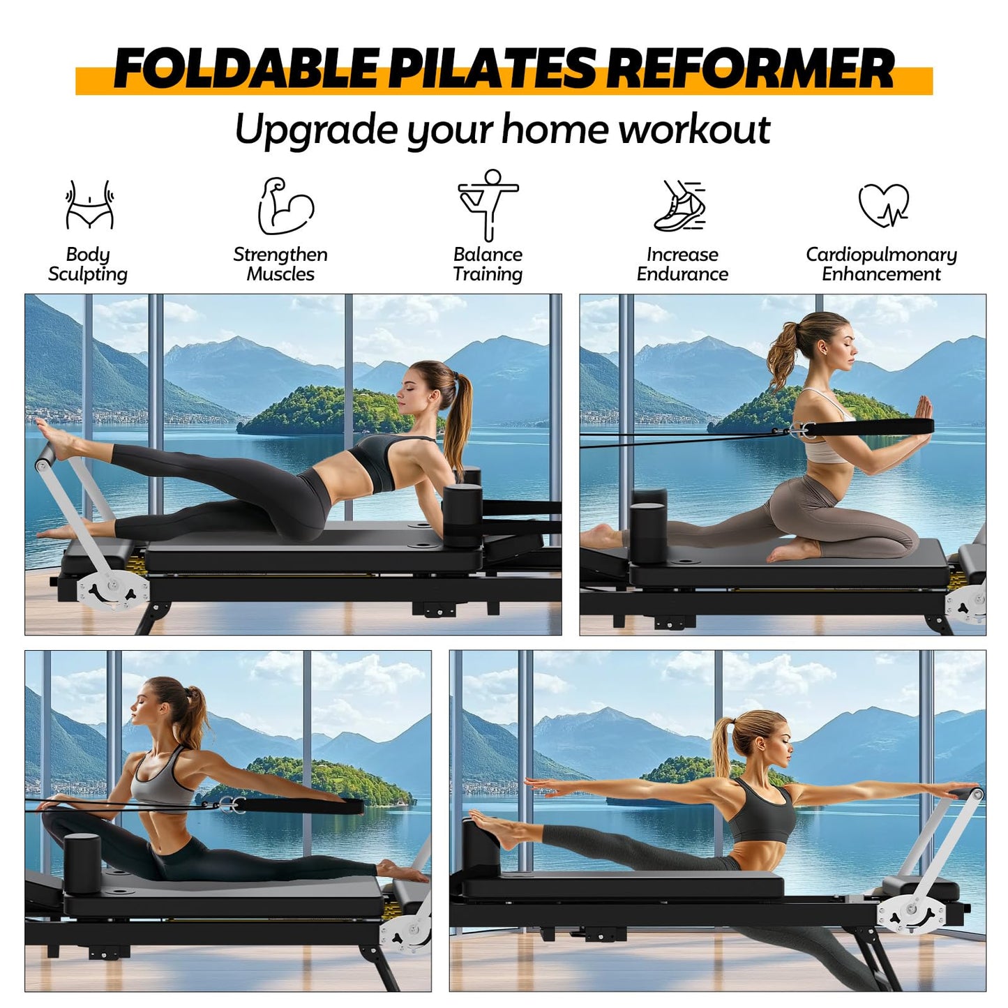 Foldable Pilates Reformer for Home Use, Portable Pilates Machine Reformer with Adjustable Resistance, Springs and Cords, Compact, Lightweight, Perfect for Home Gym, Maximum Load 400 LBS