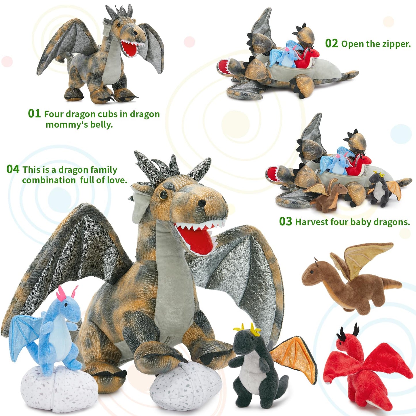 Karister 7Pcs Gray Dragon Plush Toy Set, Mother Flying Dinosaur Stuffed Animal with 4 Baby Dragon & 2 Eggs Inside, Dinosaur Stuffed Toy for Kids, Christmas Birthday Children's Day Gift for Boys Girls