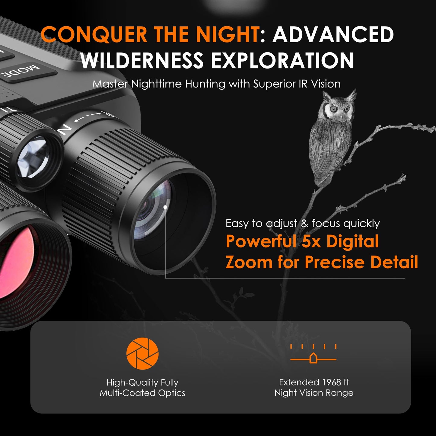 RexingUSA B1 Compass Night Vision Binoculars – 4K Ultra HD, Integrated Compass, Flashlight, Weather Resistant, IR Night Vision, 5X Digital Zoom, Video Recording, and Photos