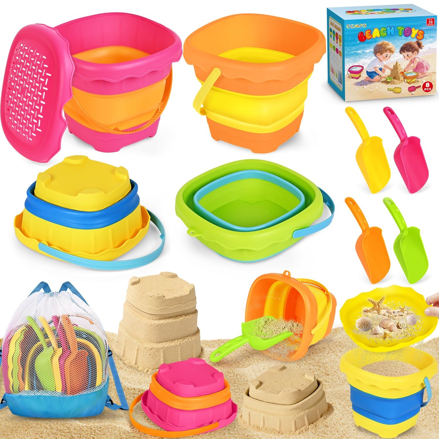 OCHIDO 4 Pack Collapsible Beach Toys for Kids Toddlers, Sand Toys with 4 Collapsible Beach Bucket with Sifter, 4 Beach Shovel and Storage Mesh Bag, Travel Sandbox Toys Beach Essentials for Age 3-10