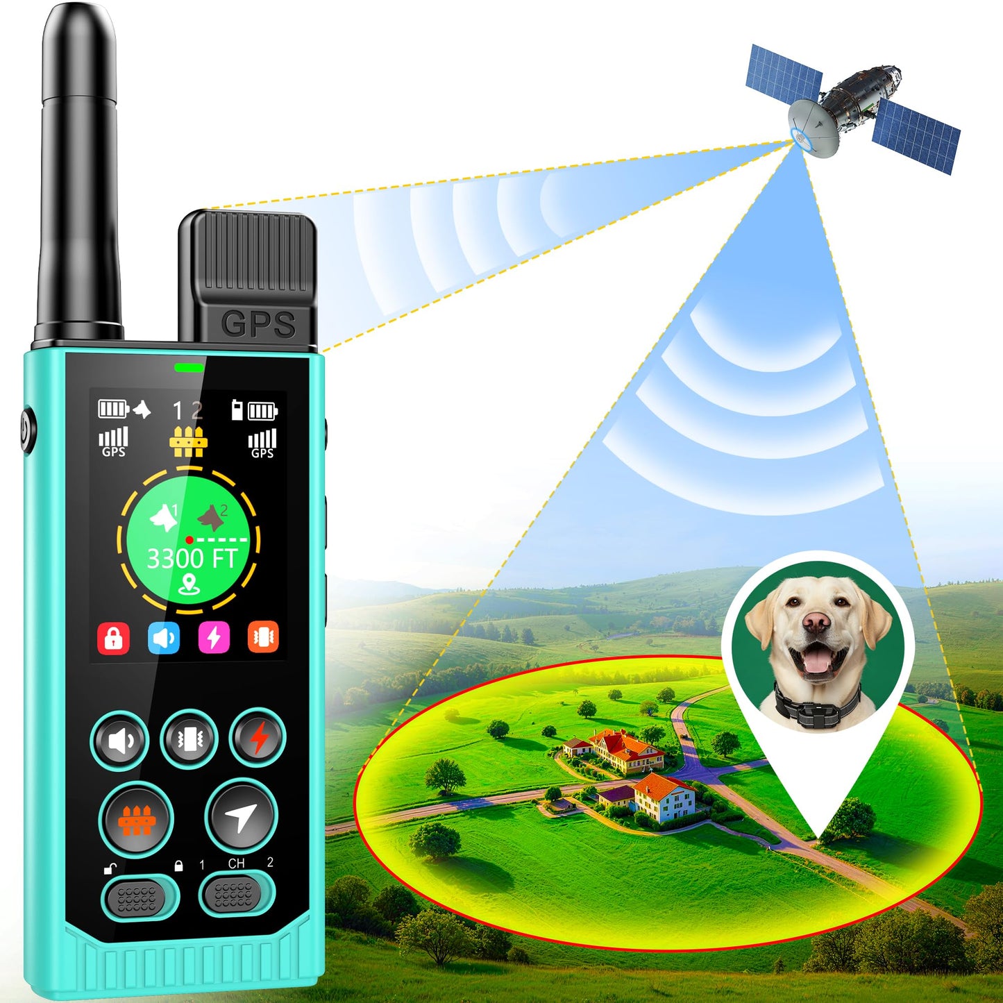 Completely Off-Grid 3-in-1 GPS Dog Fence with Real-Time Tracking: No Subscription, App-Free, Self-contained, Dual-GPS, Training Collar, Customizable Boundary with Four Progressive Alerts, Blue