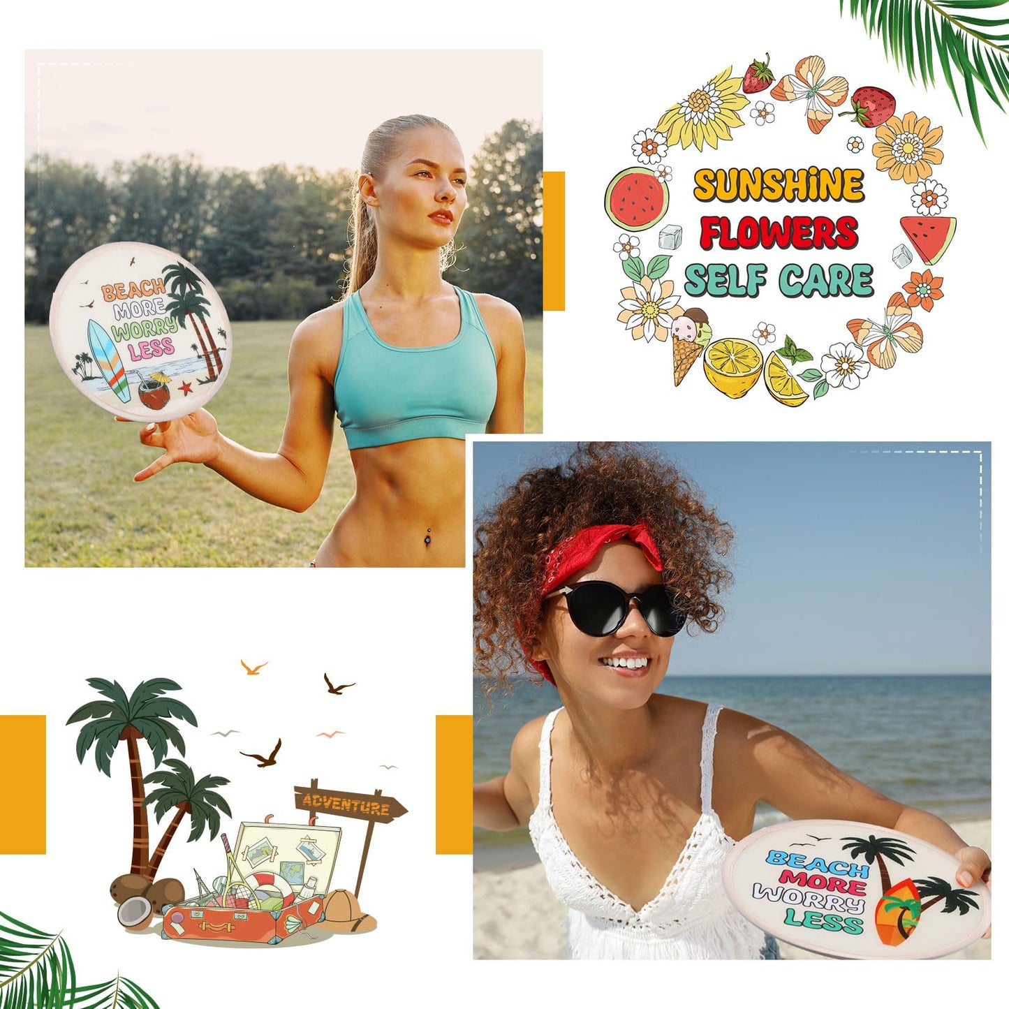 Gejoy 24 Pcs Beach Vacation Foldable Fan Style Summer Coconut Trees and Beaches Handheld Round Folding Flying Disc for Women Man Daily Use Festival Wedding Party Favors Decorations Portable, 8 Style