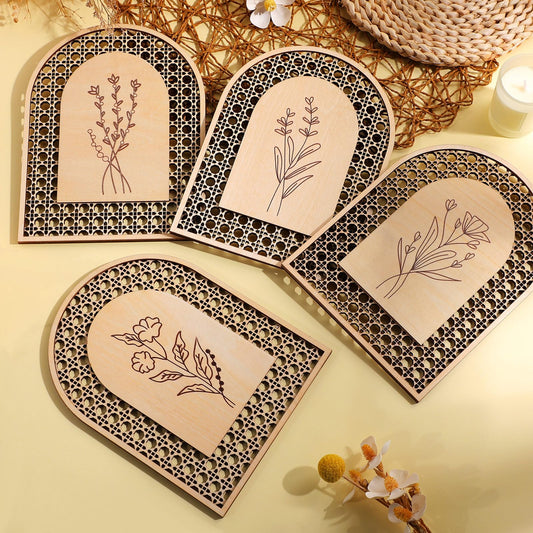 Wesiti 4 Pcs Rattan Wooden Boho Wall Decor Floral Natural Room Wall Art Aesthetic Nursery Farmhouse Hanging Decor for Bedroom Living Room Office
