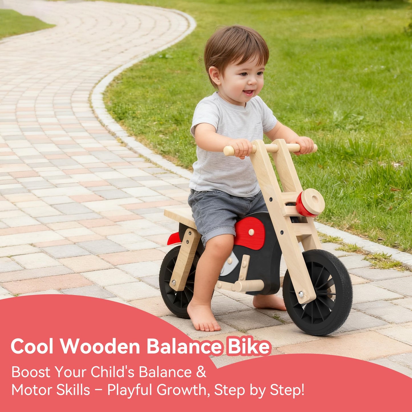 Yrthe Voitom Wooden Balance Bike for Kids with Wood Bike Stand, Develops Motor Skills & Balance, Bike for Beginners