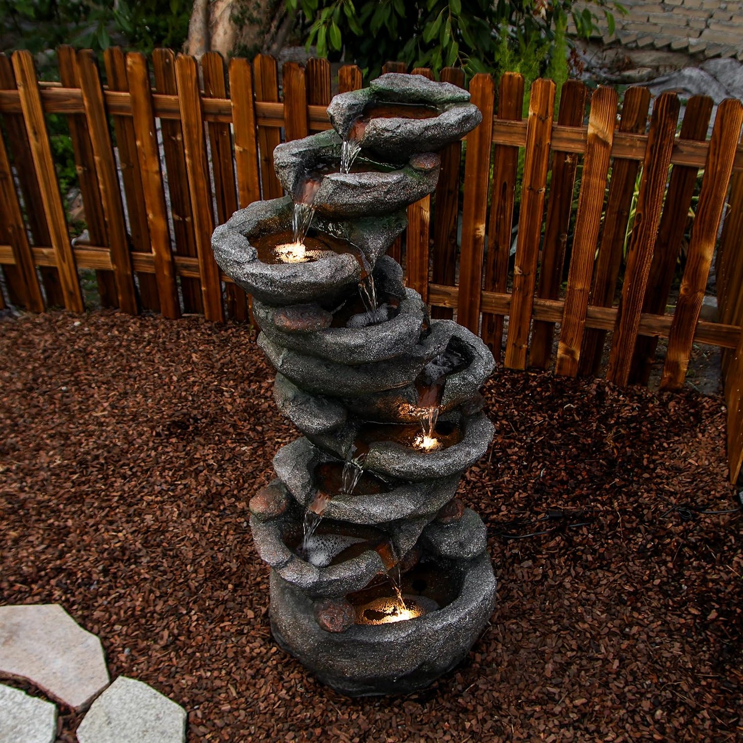 YZM 10-Tier Cascading Rock Water Fountain Outdoor Garden Waterfall Fountains Patio Backyard Deck Porch Pond Art Decor for Outside 39.76" H Outdoor Feature with LED Lights
