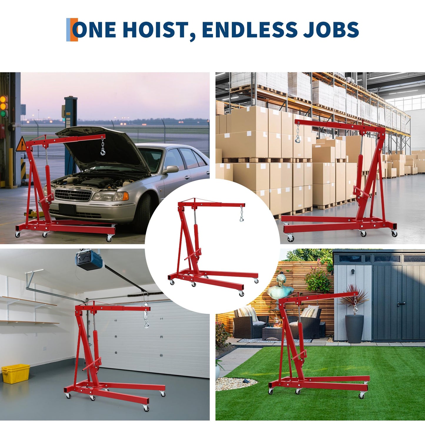 2 Ton Engine Hoist, 4400Lbs Heavy Duty Folding Cherry Picker Engine Lift with 6 Casters, Hydraulic Shop Crane Lifter Cherry Picker for Garage, Workshop, Factory, Red