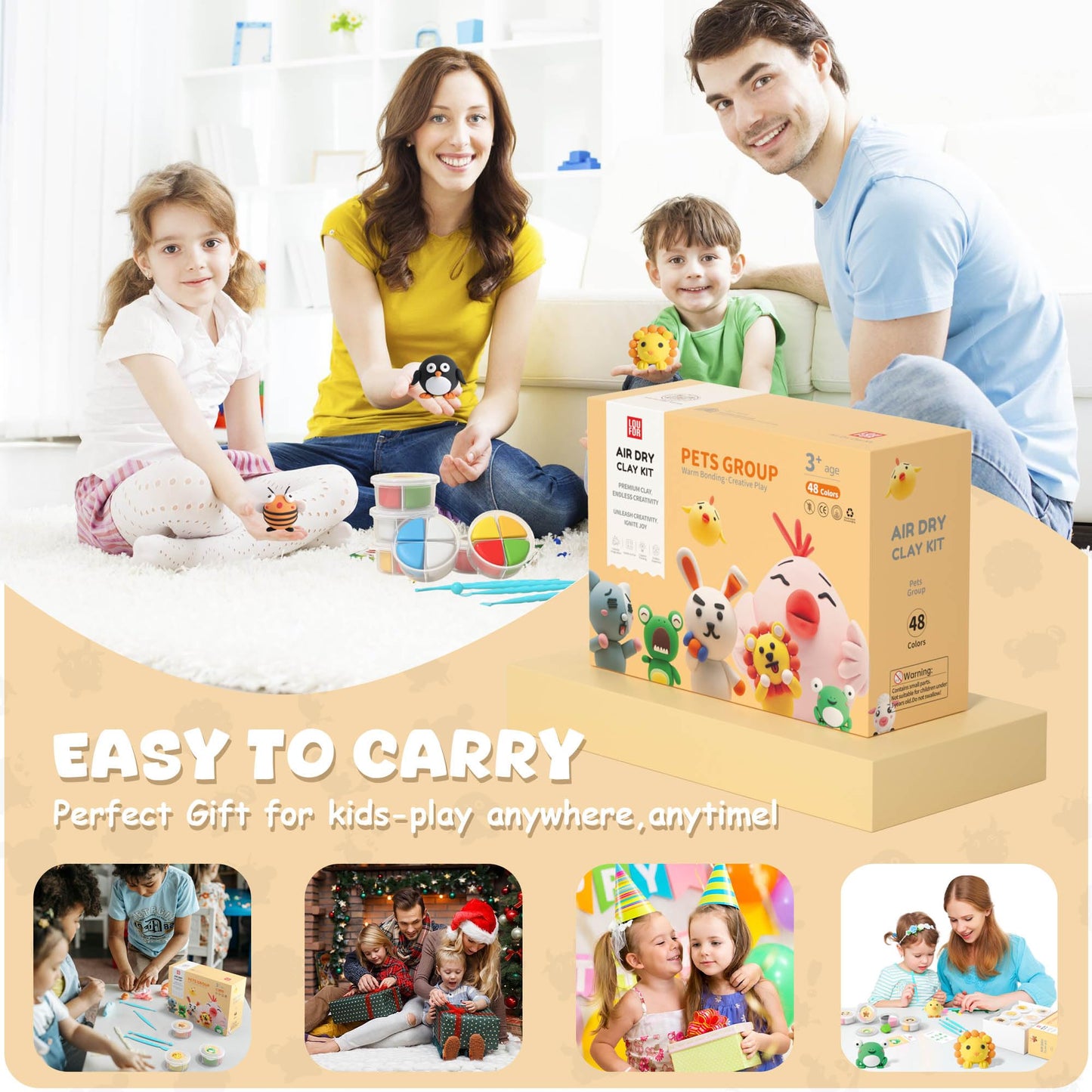 Air Dry Clay Kit - Modeling Clay for Kids mit Sculpting Tools und Tutorial, Ultra Light & Soft, Safe & Non-Toxic, DIY Model Magic Clay 12 Cans 48 Colors, Creative Art Crafts Toys Gifts for Girls Boys