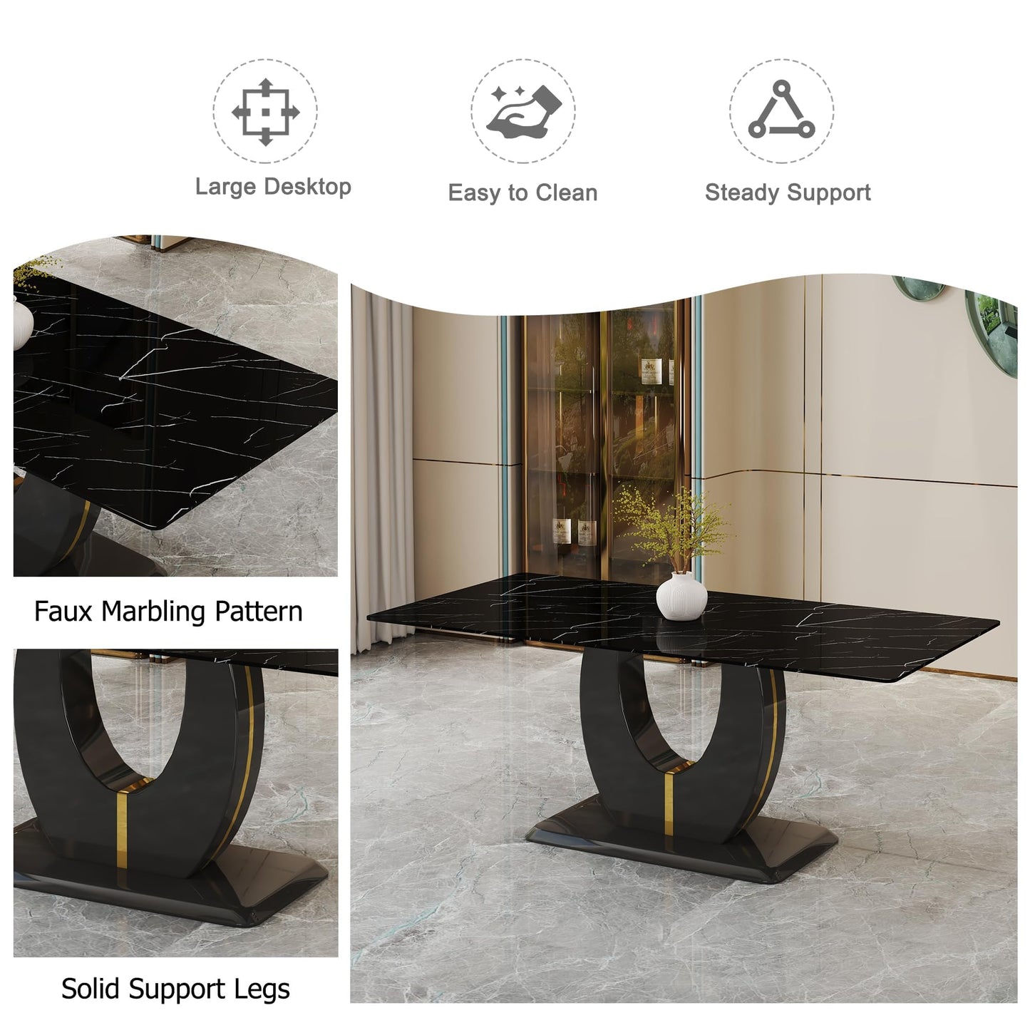 JUFU Dining Table Set for 8 with Chairs, 71'' Black Rectangular Marble Dining Room Table for 8 with 007 White and Gray PU Leather Chairs, Modern Dining Table for 8-10 eople, Ideal for Dining Room