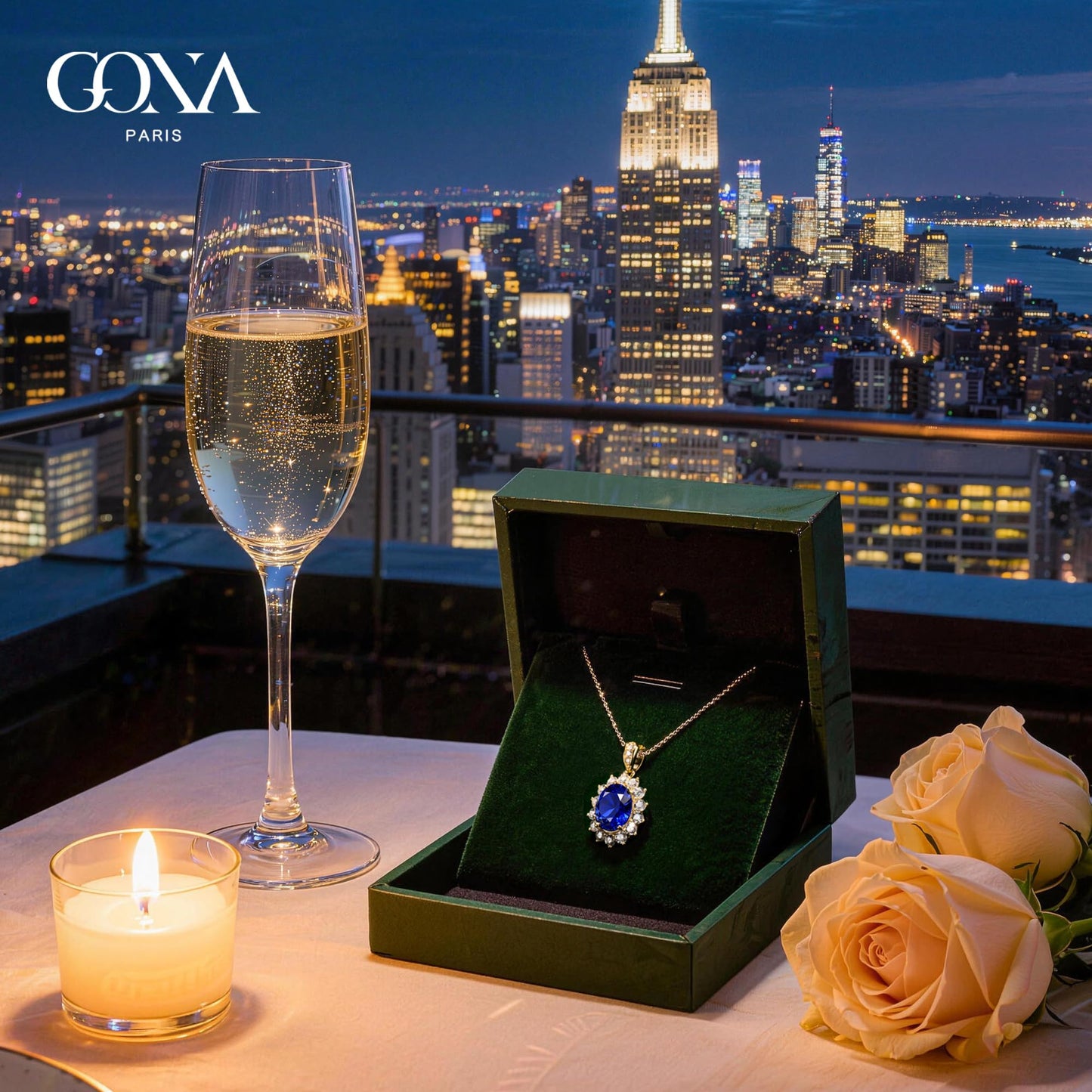 GONA 4CT Royal Blue Lab Grown Sapphire Jewelry Bundle (Necklace + Ring), Princess Diana Inspired Design, September Birthstone，GRC Certified, Hypoallergenic Eco‑Friendly，Ideal Mother’s Day & Annivers