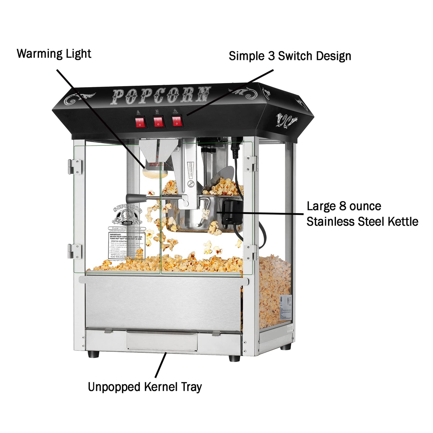 Superior Popcorn Hot and Fresh Popcorn Machine - Black, 8 Ounces