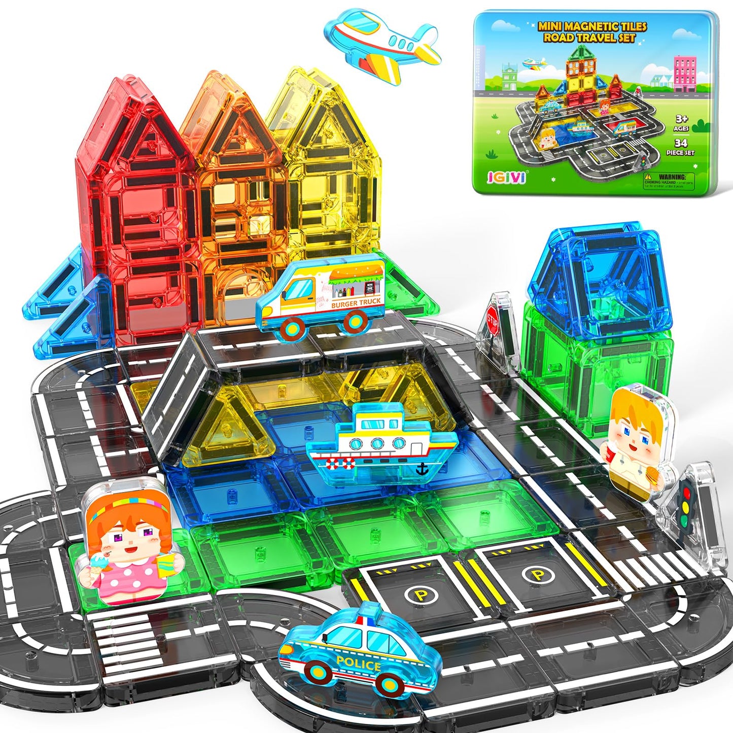 IGIVI Mini Magnetic Tiles Road Travel Essentials Set — Portable STEM Sensory Magnetic Building Blocks for Toddlers & Preschool, Compact Travel Toys for 3+ Boys & Girls, Easter Birthday Gift