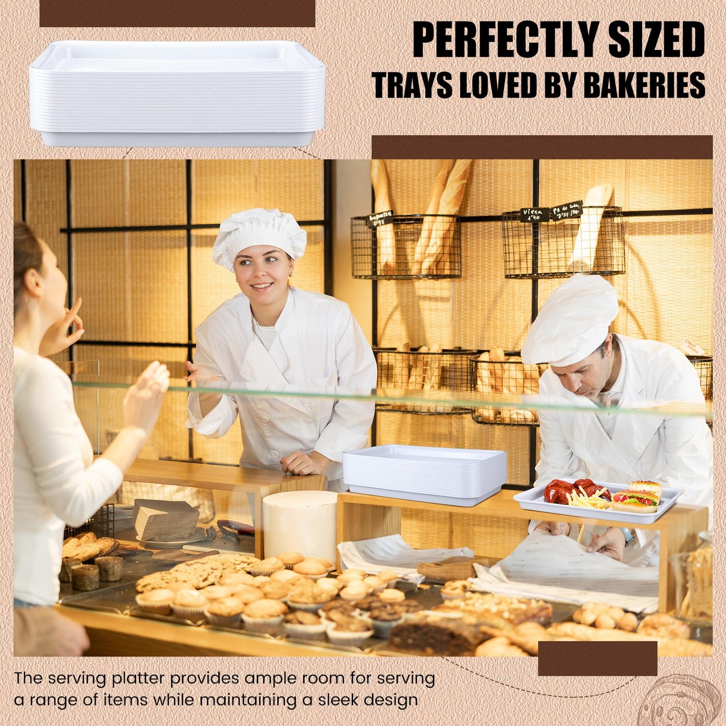 Ziliny 20 Pcs Plastic Serving Trays Bulk Plastic Serving Platters Reusable Rectangle Food Tray Stackable Party Trays for Dinner Snack Dessert in School Cafeteria(White,16 X 11)