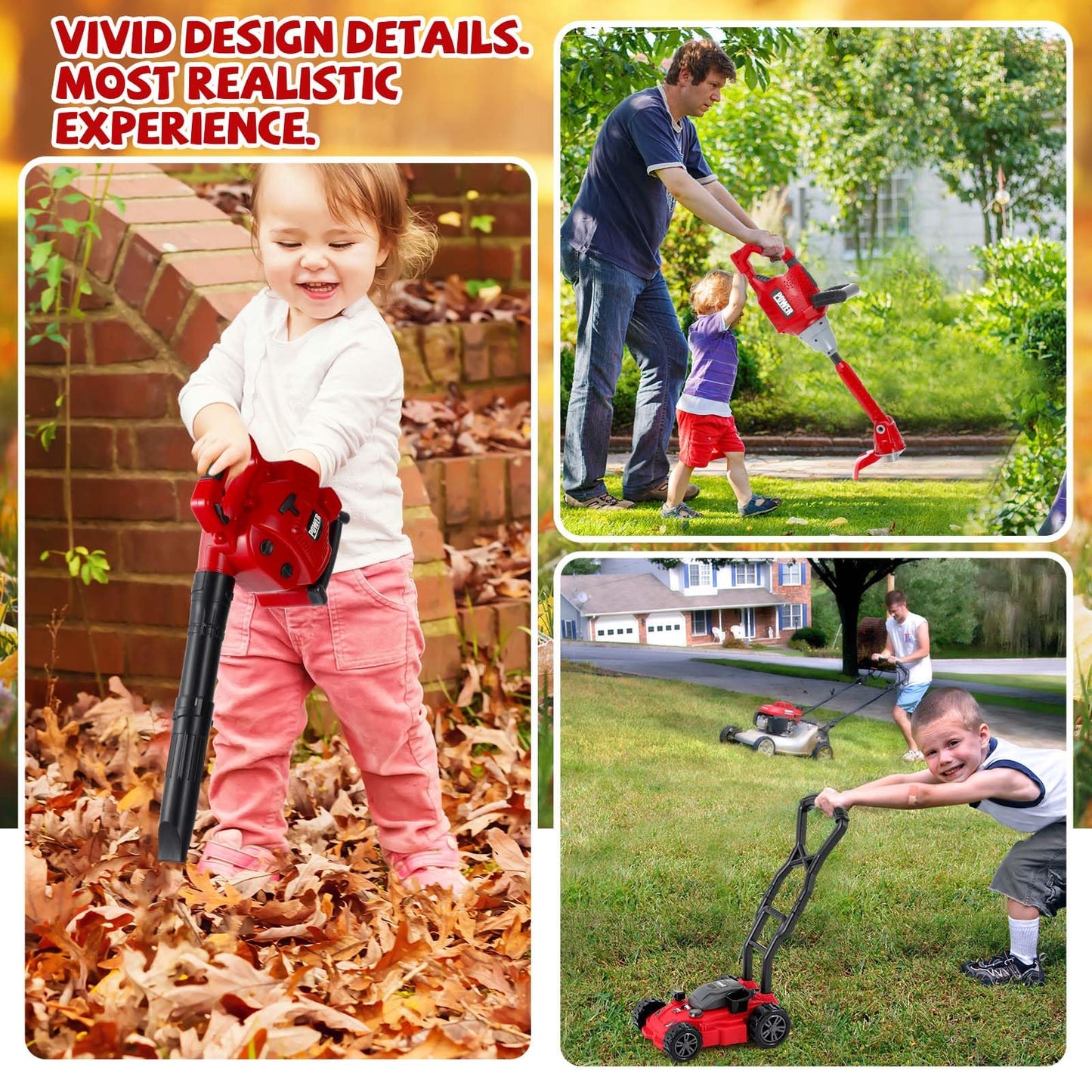 Arrowbash Kids Lawn Mower Toy Set 7 Pcs Electric Garden Tools with Leaf Blower, Chainsaw & Trimmer – Summer Outdoor Toys for Boys Girls Birthday Gifts