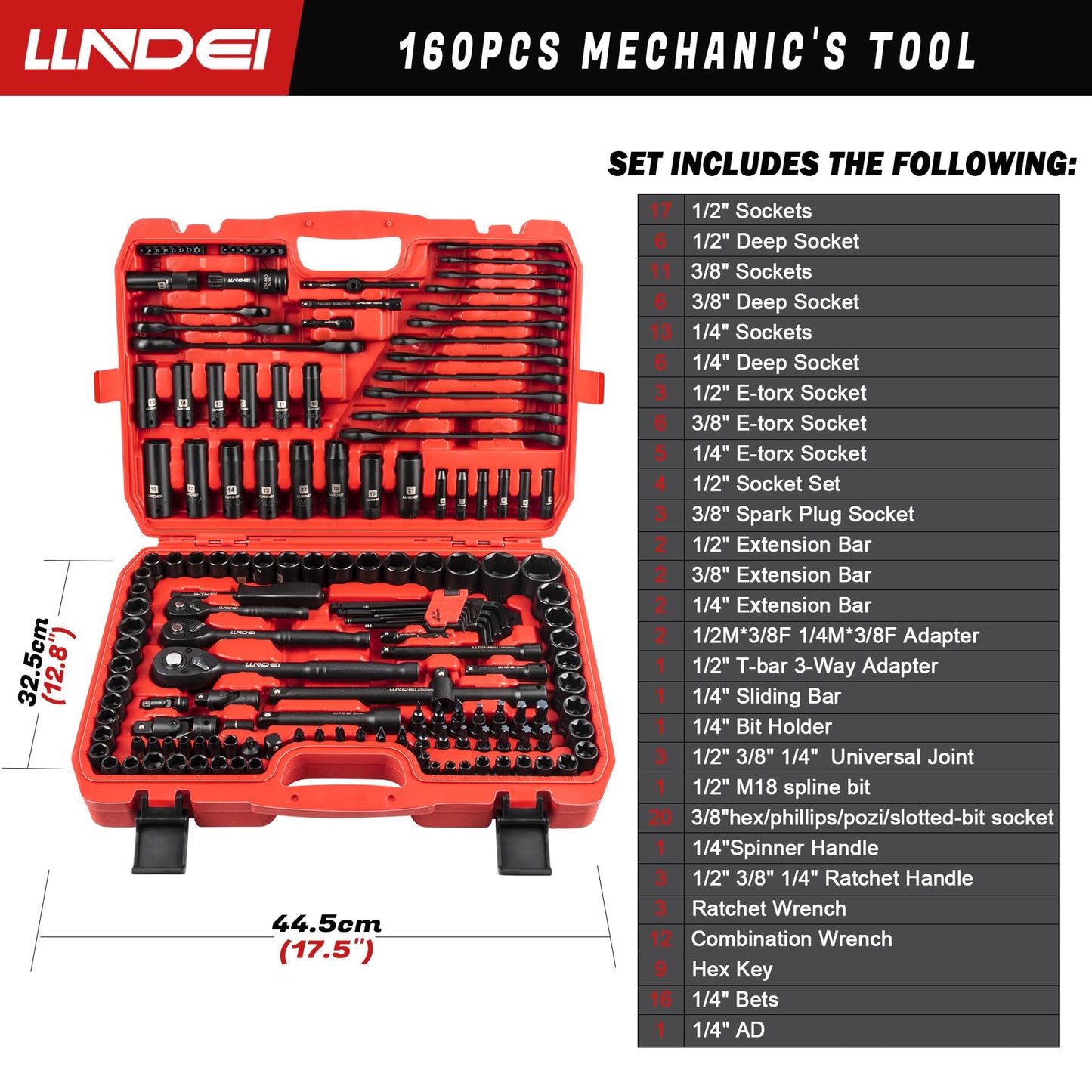 LLNDEI 160-Piece Mechanics Tool Set, Metric Socket Set 1/2 1/4 3/8 inch Drive Professional Tool Kit, CR-V Deep & Shallow Kit with Quick Release Ratchet