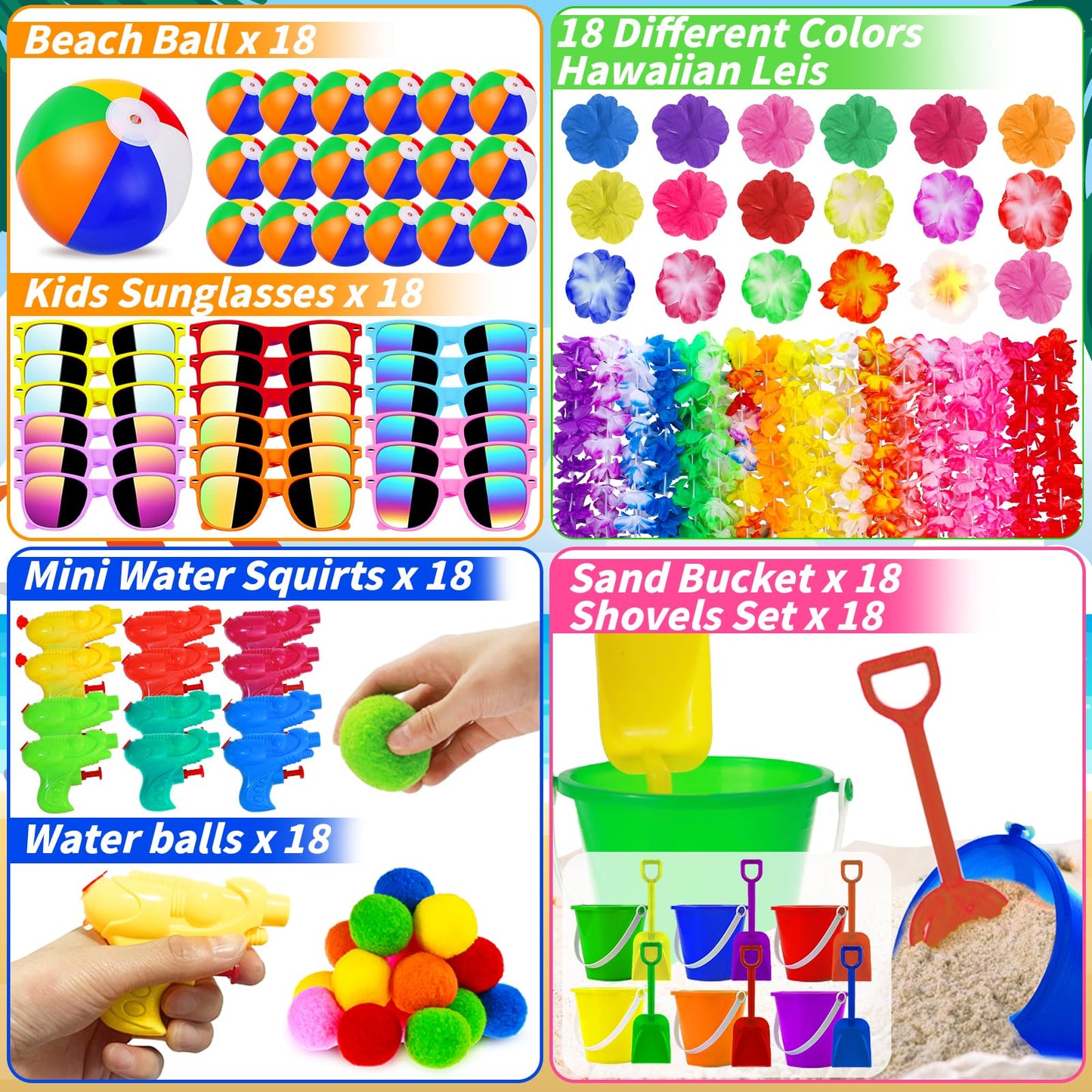 Oleitodh 126 Pcs Kids Summer Beach Party Favor Bulk-Includes 18 Inflatable Beach Balls, 36 Sand Bucket&Shovel Set, 18 Neon Sunglass, 18 Water Guns,18 Water Balls,18 Hawaiian Leis for Luau Party Decor