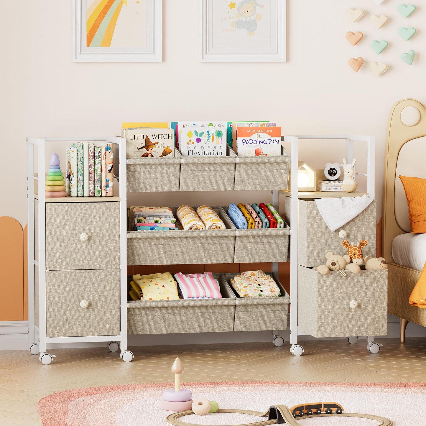 Kids Toy Organizers and Storage Bins - 7 Storage Bins + 4 Fabric Drawers + 2 Bookshelf, Playroom Storage, Mobile Cart Organizer for Toy, Clothes, Blankets and Books - Off White