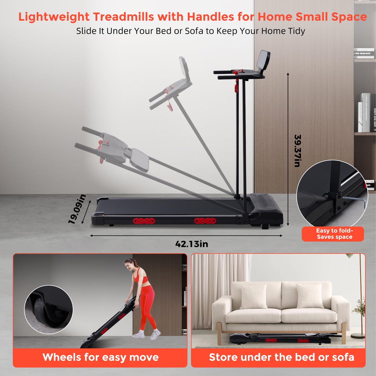 Electric Walking Pad with Handle Bar, 3.5HP Compact Walking Pads Treadmill with Handles, 0.6-10.0MPH Portable Small Treadmills for Home Office Apartment Small Spaces, 400LBS with Big Screen