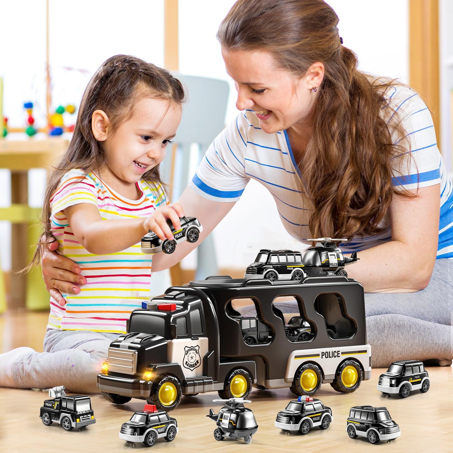 JUKUDAHU Police Truck Toy for 3 4 5 6 Years Old Boys - Carrier Vehicle Toy Set with 3 Small Cars and 1 Helicopter, Kids Firction Powered Car for Age 3-9, Gifts for Boys and Girls