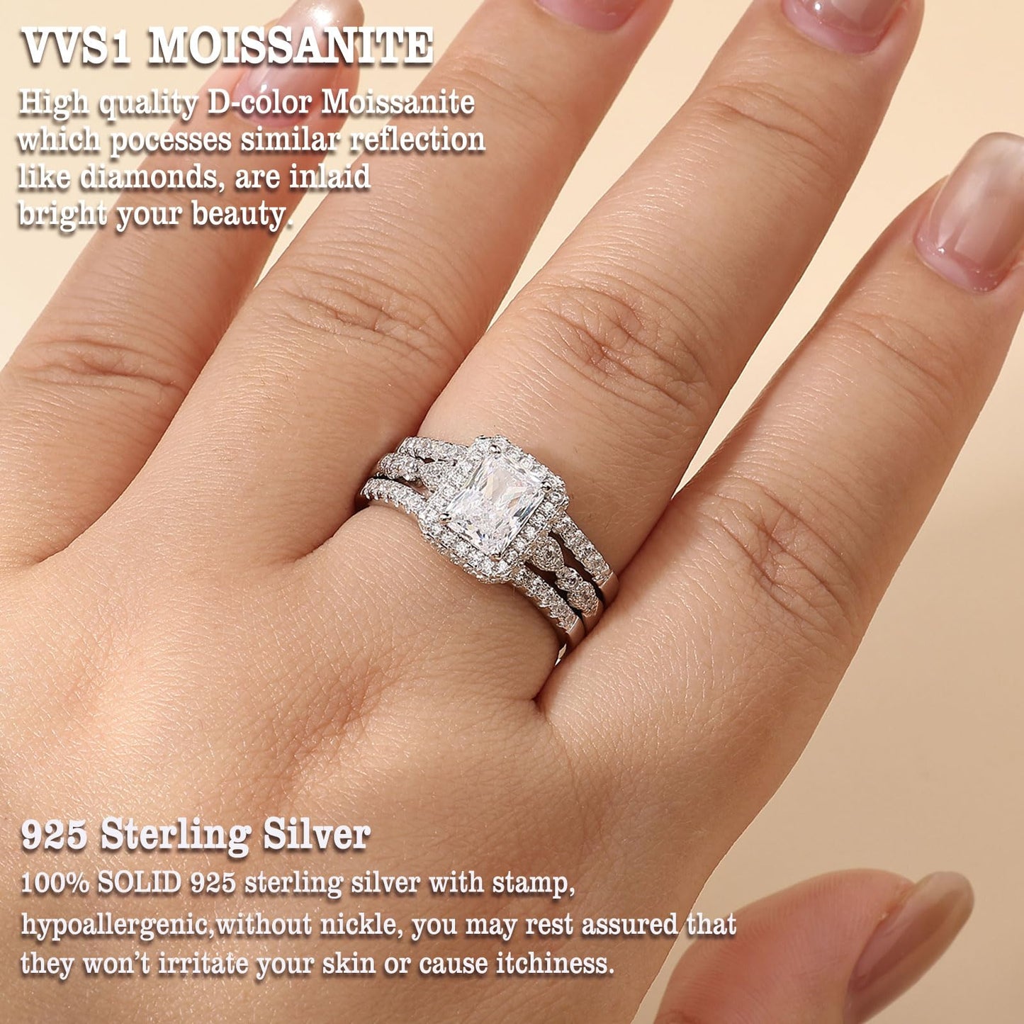 Newshe Jewellery Moissanite Wedding Sets for Women 925 Sterling Silver Engagement Rings Set Radiant Bridal Band Enhancer Size 5.5