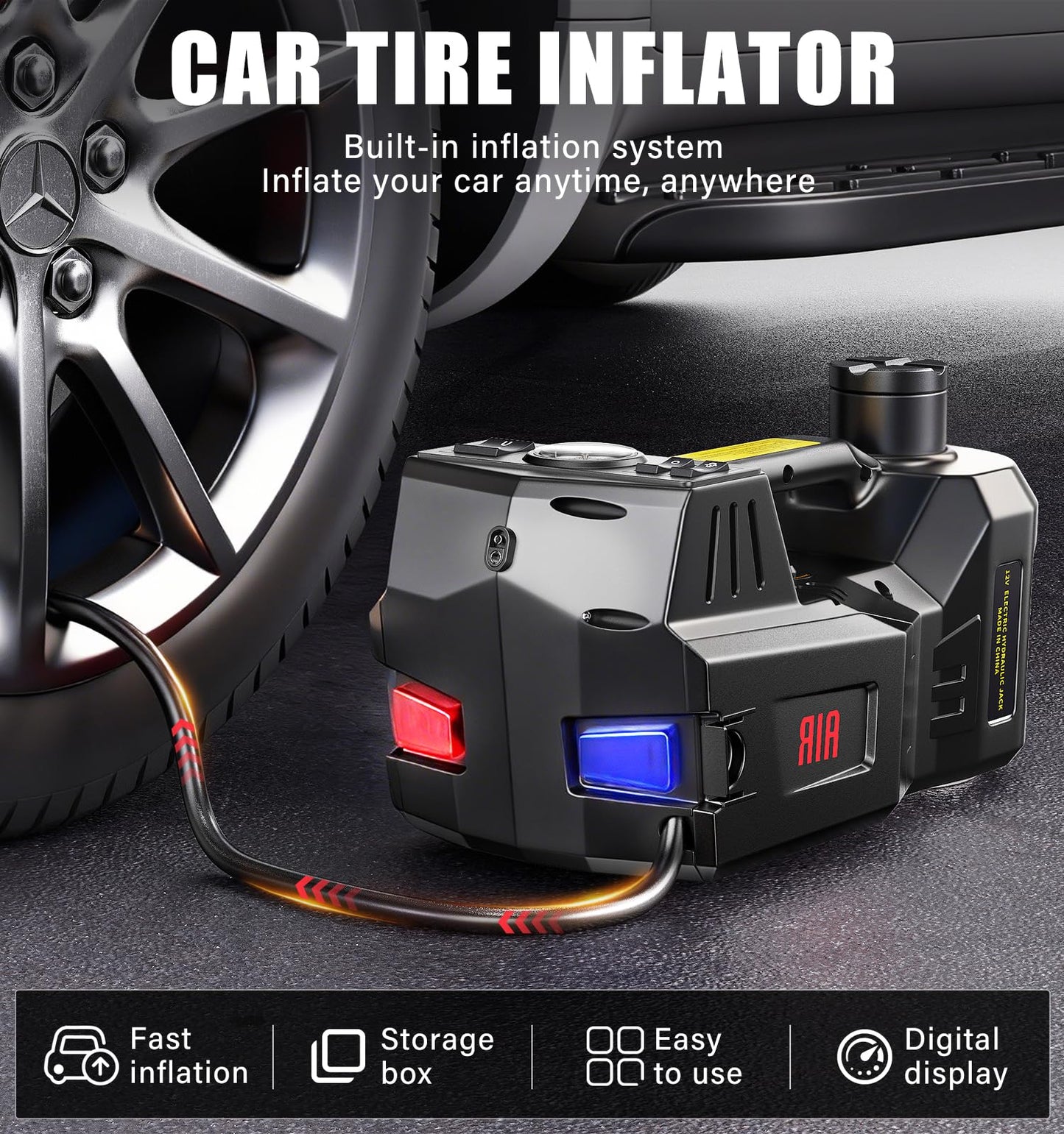 5 Ton Electric Hydraulic Car Jack Kit 12V Lift Range 17.7 Inch with Impact Wrench & Tire Inflator, Heavy Duty Floor Jack for SUV Truck Sedan, Portable Auto Lifting Tool for Emergency Tire Change
