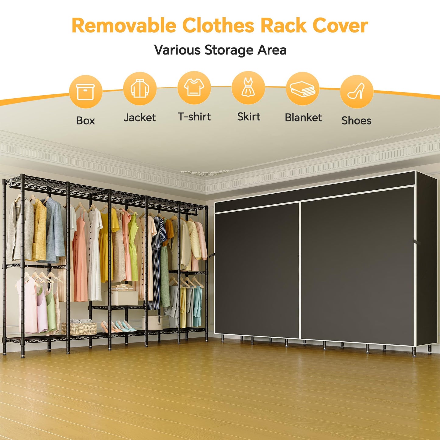 Higeego 94.5"W Heavy Duty Clothing Rack with Cover, H5C Garment Rack with Adjustable Shelves Freestanding Wardrobe Closet with Hanging Rods Portable Closet, Black Rack with Black Cover, Load 1400 lbs