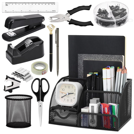 13-in-1 Office Desk Organizer Set with Stapler and Tape Dispenser, Pen Holder, Scissors, Ruler, Hole Punch, 2 Pens & More - All-in-One Desktop Accessories for Home Office School Supplies (Black)