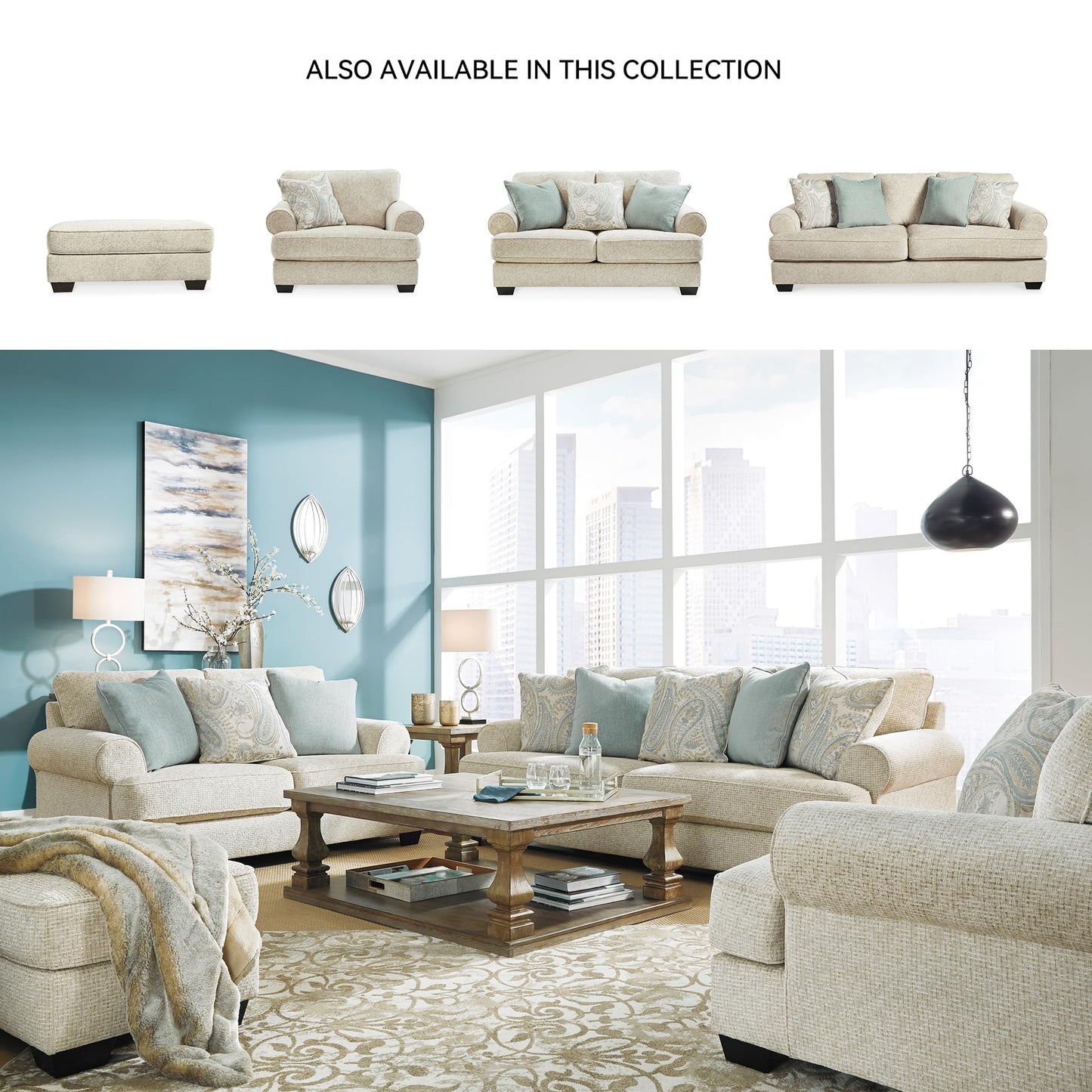 Signature Design by Ashley Monaghan Vintage Loveseat with Accent Pillows, Reversible Cushions and Rolled Arms, Beige