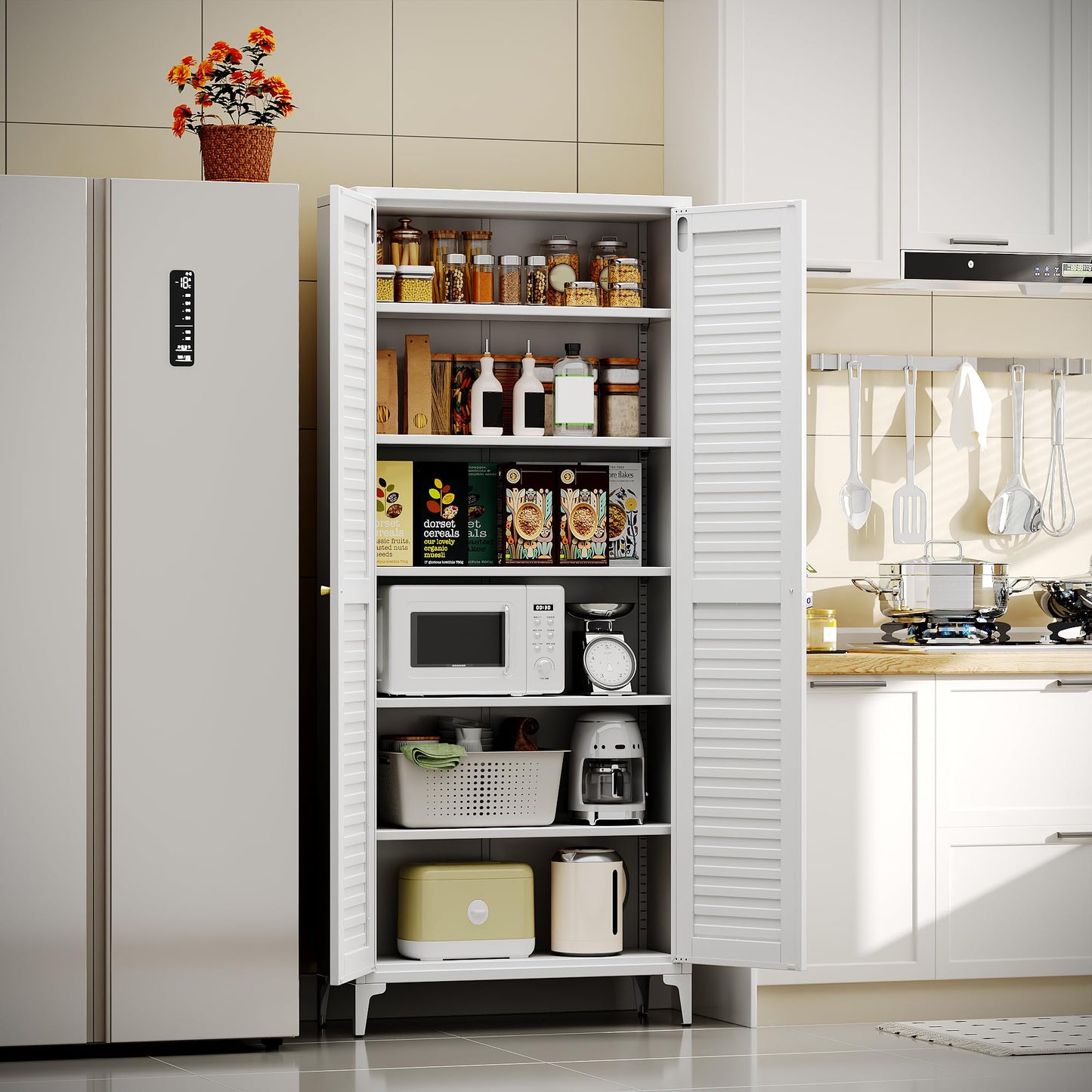 GangMei Metal Kitchen Pantry Cabinet with 2 Doors,Metal Pantry Cabinet with 5 Adjustable Shelves for Kitchen,Home,74.2" H × 31.5" W × 15.75" D,Required Assembly, White