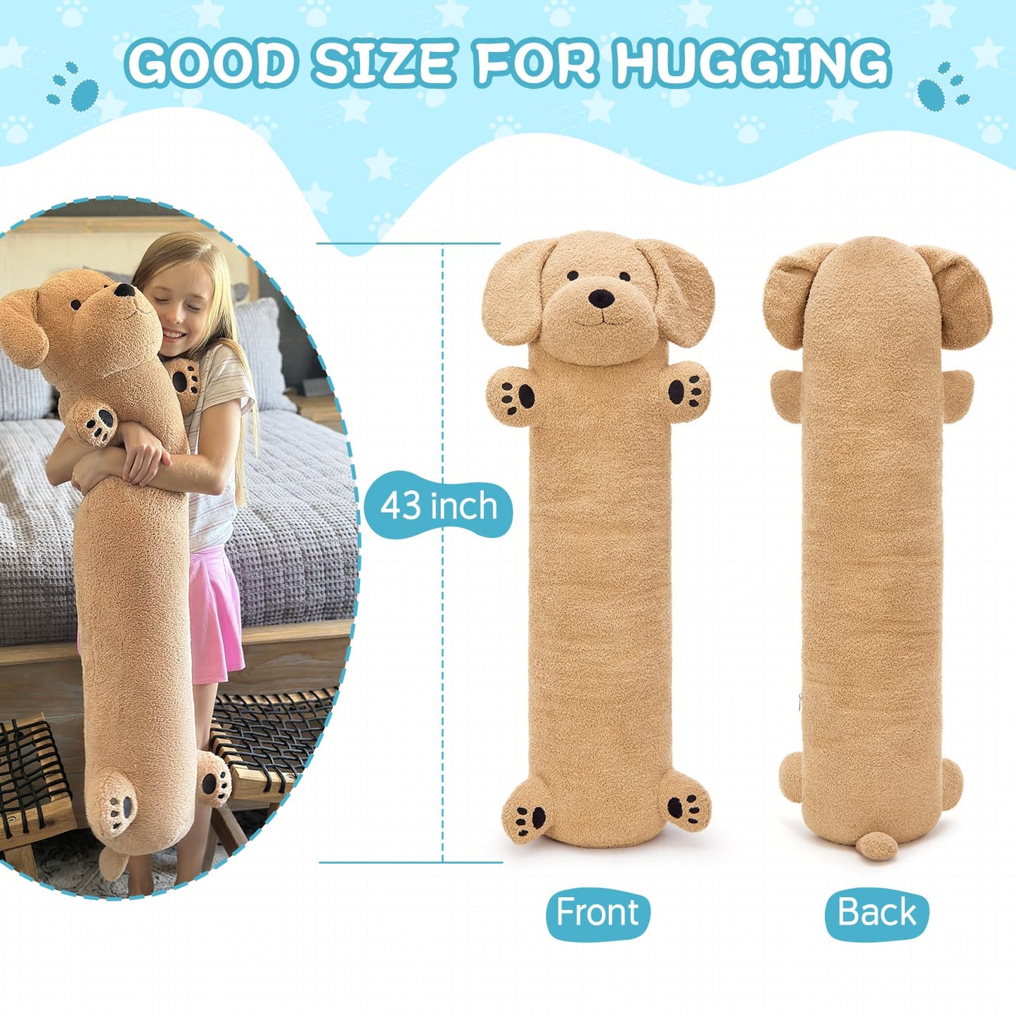 Muiteiur 43.3 Inch Long Dog Plush Pillow, Golden Retriever Dog Stuffed Animal with Big Ears, Soft Hugging Body Pillow, Gift for Kids, Girlfriend